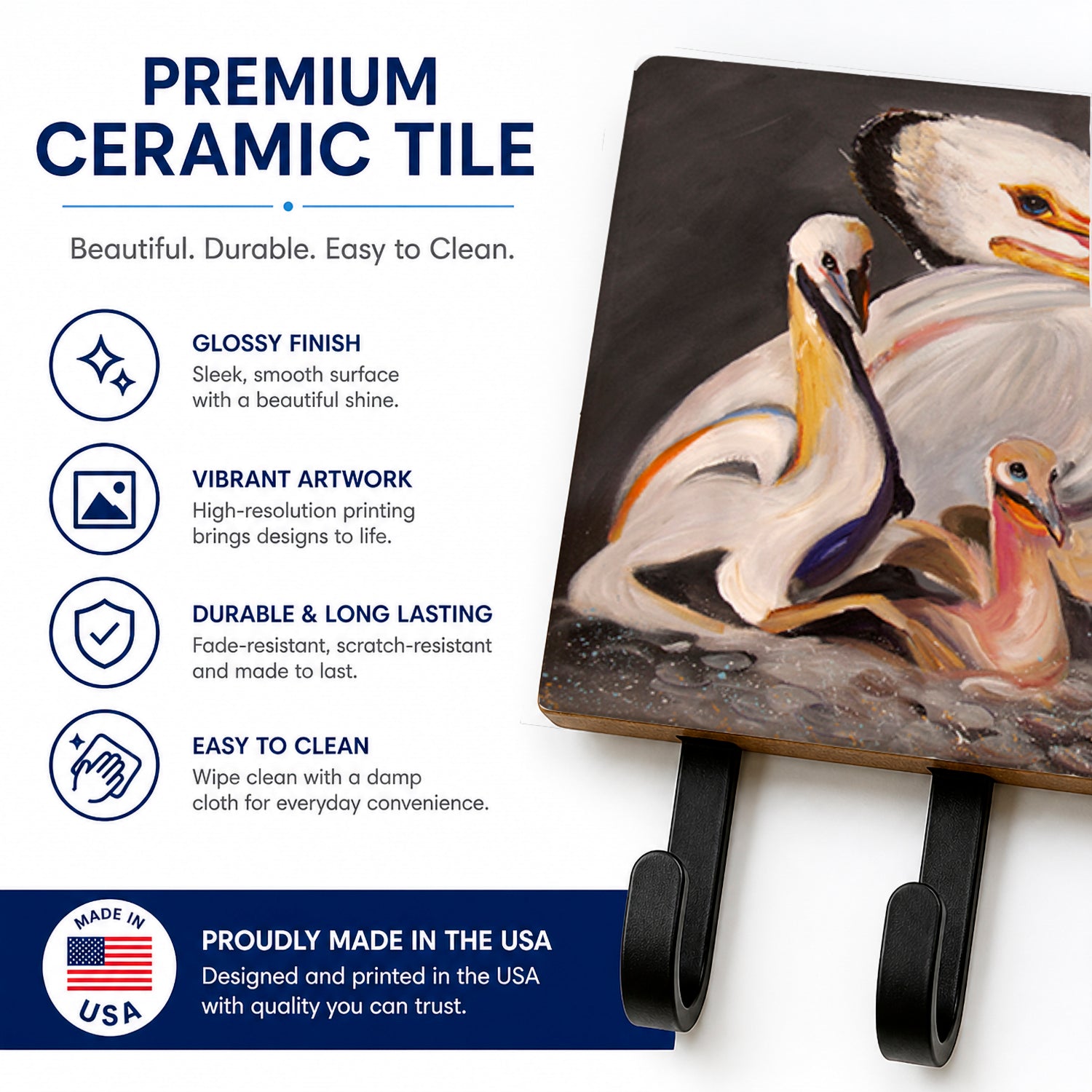 White Pelicans Leash or Key Holder Wall Hooks, Coat Rack Wall Mount, for Hanging Keys, Towels, Aprons, Leashes