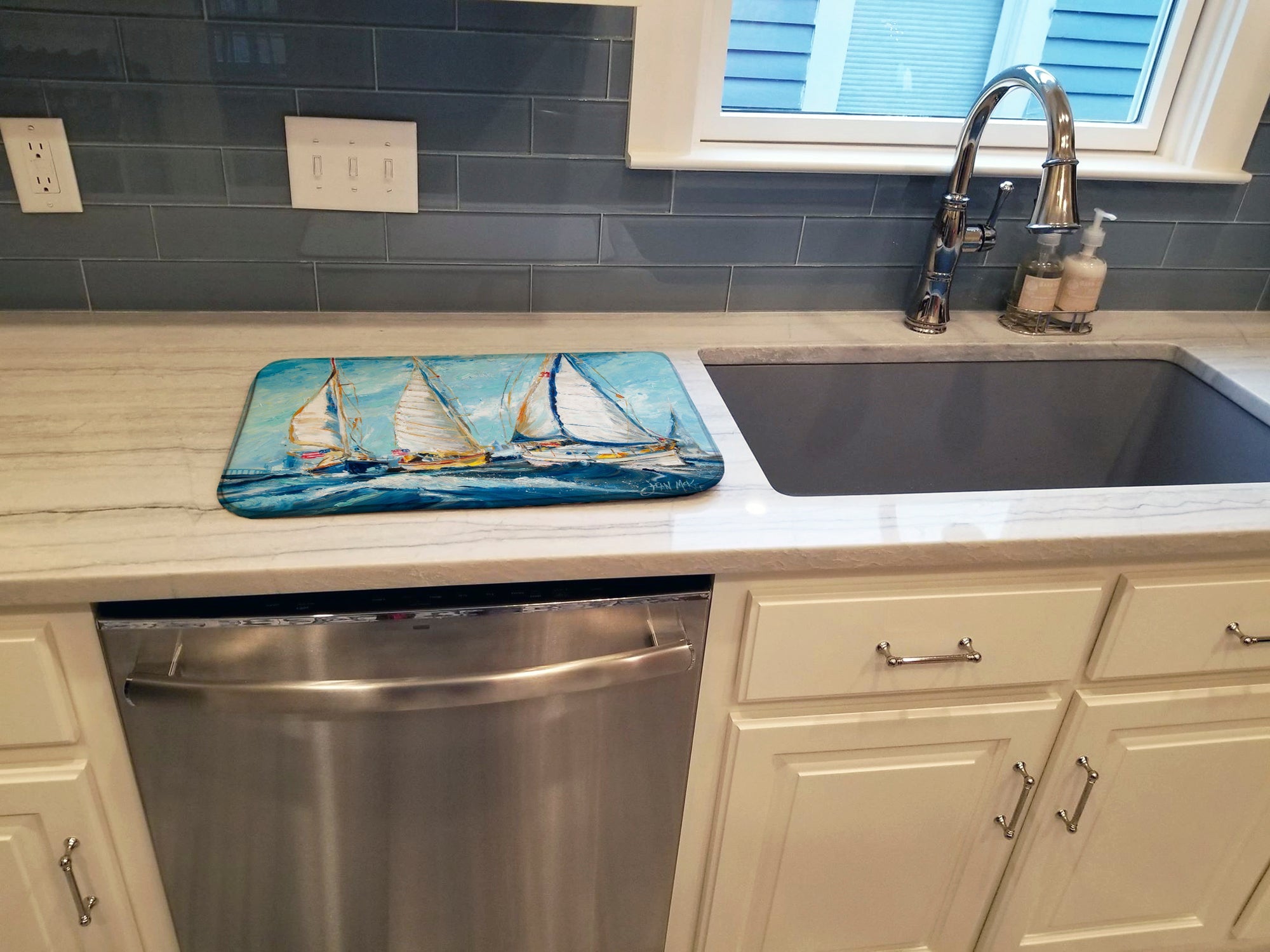 Roll me over Sailboats Dish Drying Mat Absorbent Dish Drying Mat Pad for Kitchen Counter Dish Drainer Mat for Countertop, 14 x 21", Multicolor