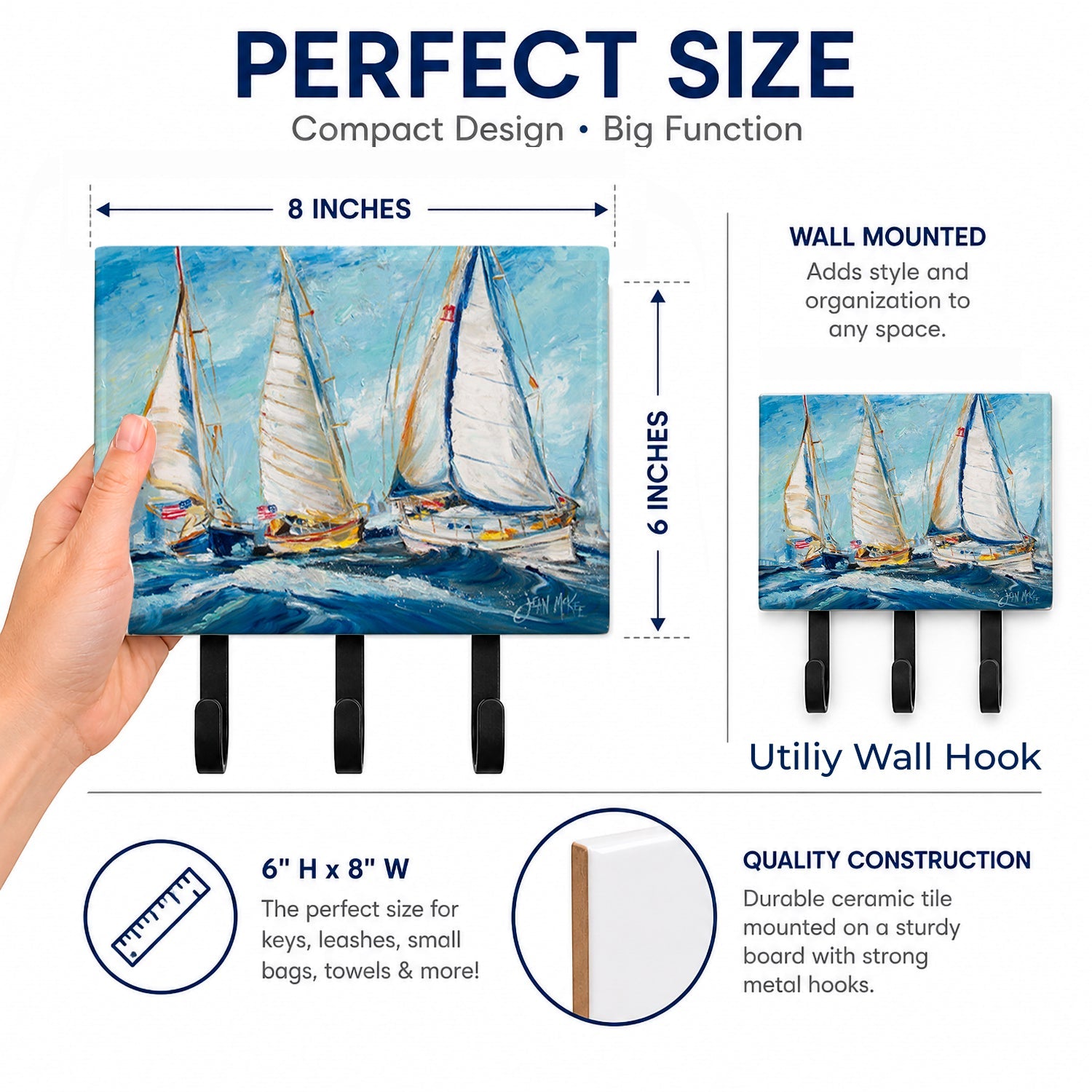 Roll me over Sailboats Leash or Key Holder Wall Hooks, Coat Rack Wall Mount, for Hanging Keys, Towels, Aprons, Leashes