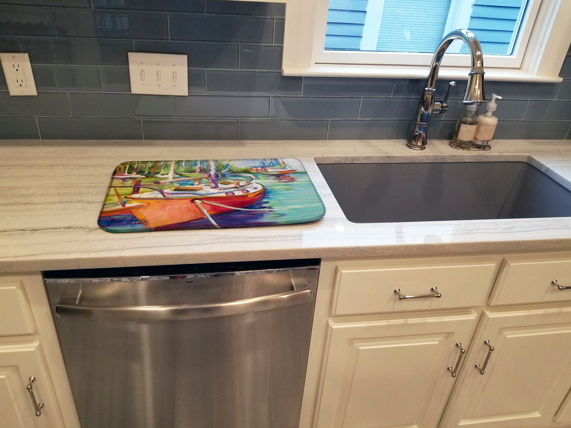 Red Sailboat Dish Drying Mat Absorbent Dish Drying Mat Pad for Kitchen Counter Dish Drainer Mat for Countertop, 14 x 21", Multicolor