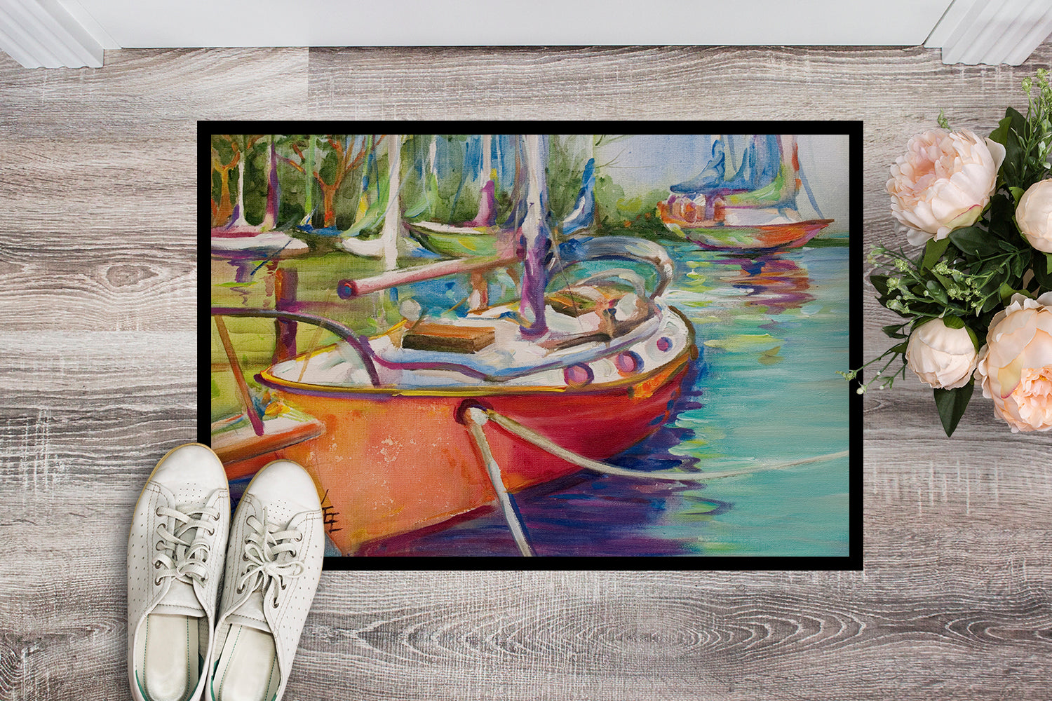 Red Sailboat Doormat Indoor Outdoor 24H X 36W Front Door Mat Rugs for Entryway, Non Slip Washable Low Pile,