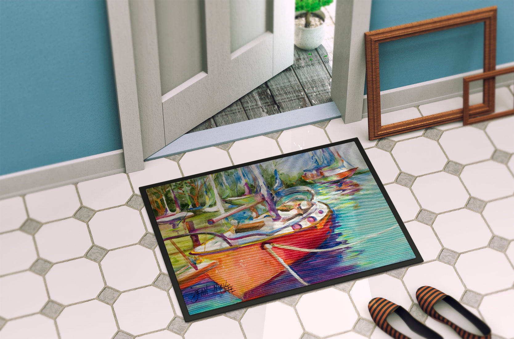 Red Sailboat Doormat Indoor Outdoor 24H X 36W Front Door Mat Rugs for Entryway, Non Slip Washable Low Pile,