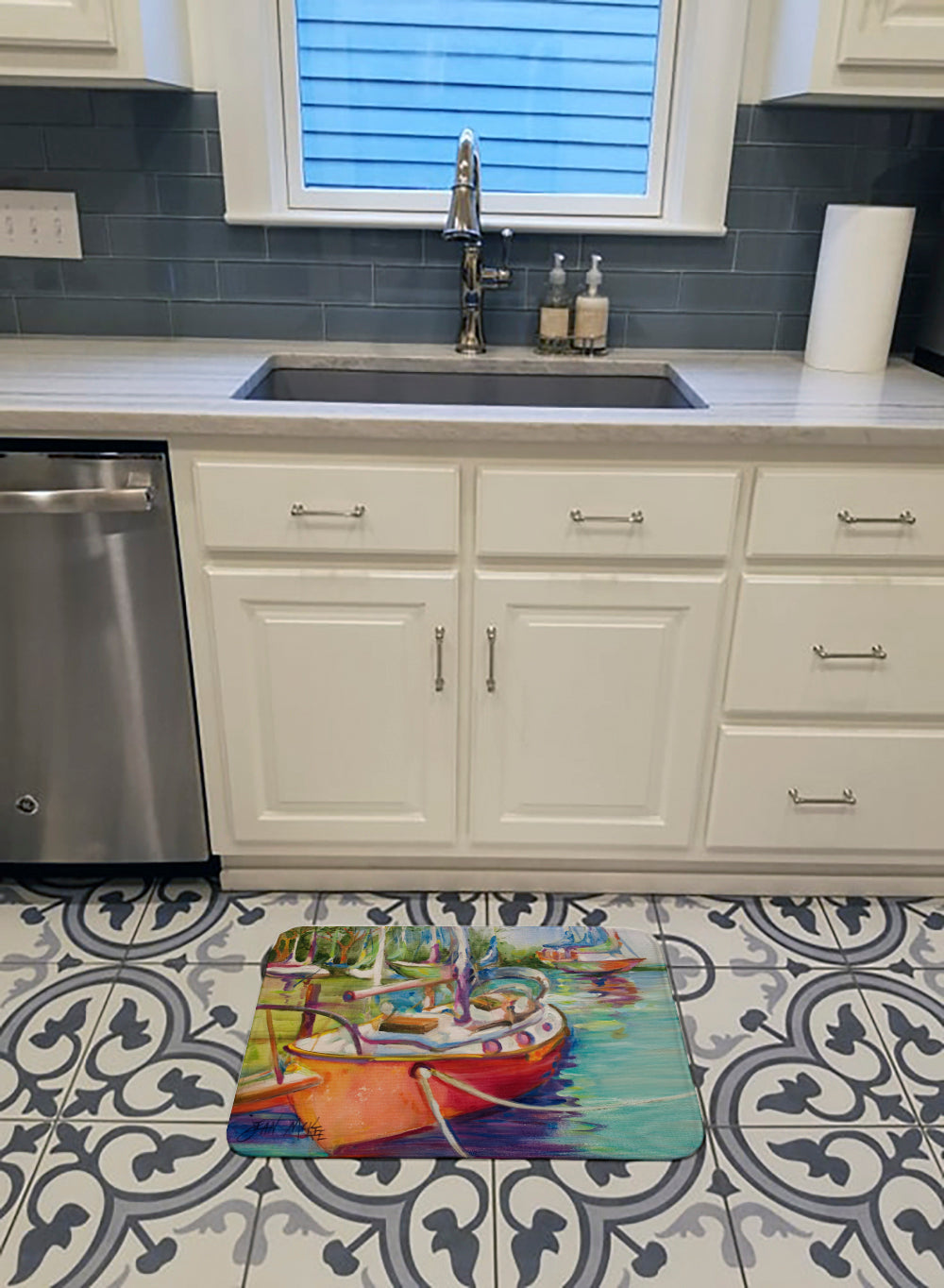 Red Sailboat Memory Foam Kitchen Mat Machine Washable Anti-Fatigue Cushion Comfort Bath or Kitchen Rug
