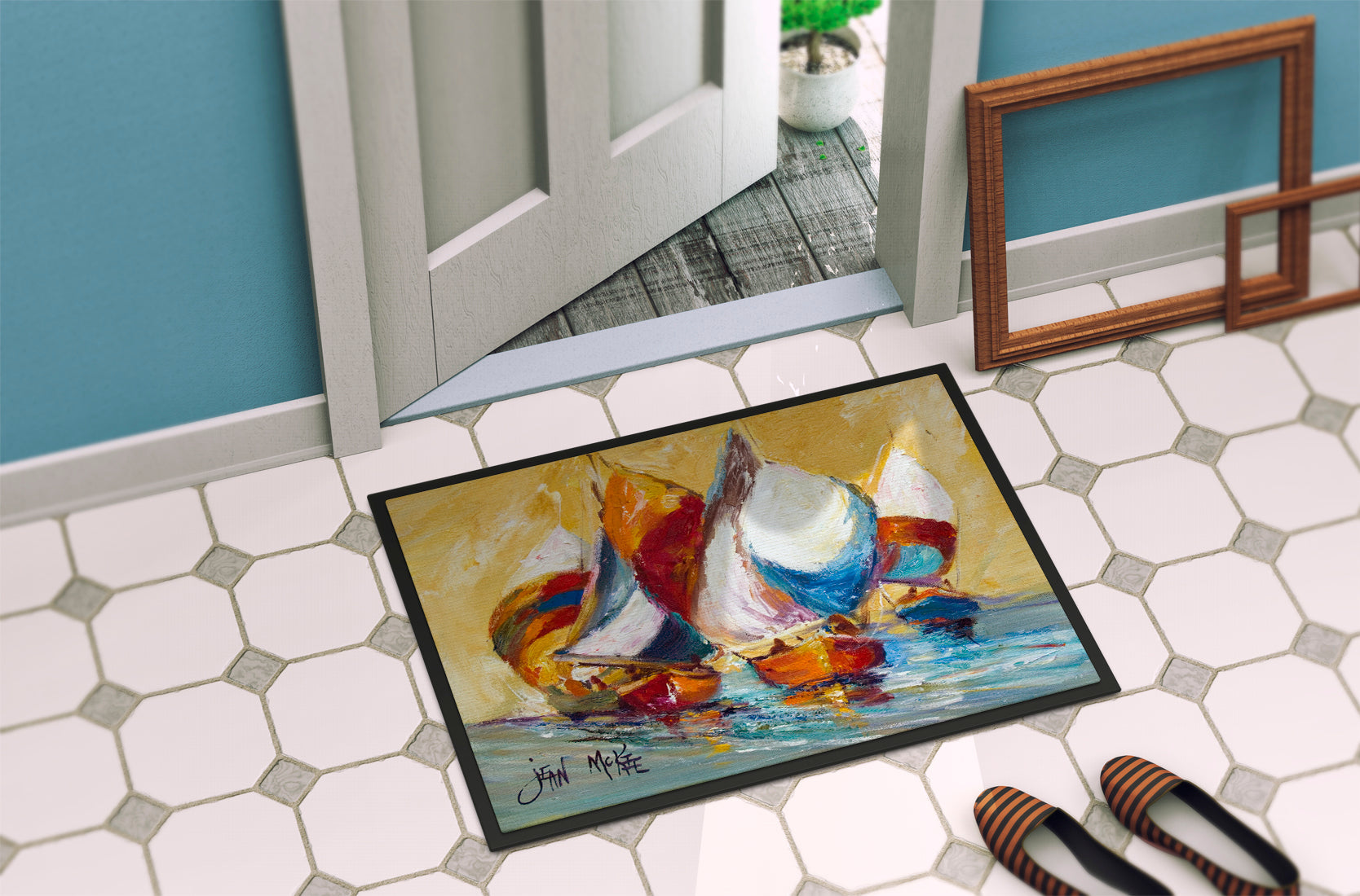 Boat Race Doormat Indoor Outdoor 24H X 36W Front Door Mat Rugs for Entryway, Non Slip Washable Low Pile,