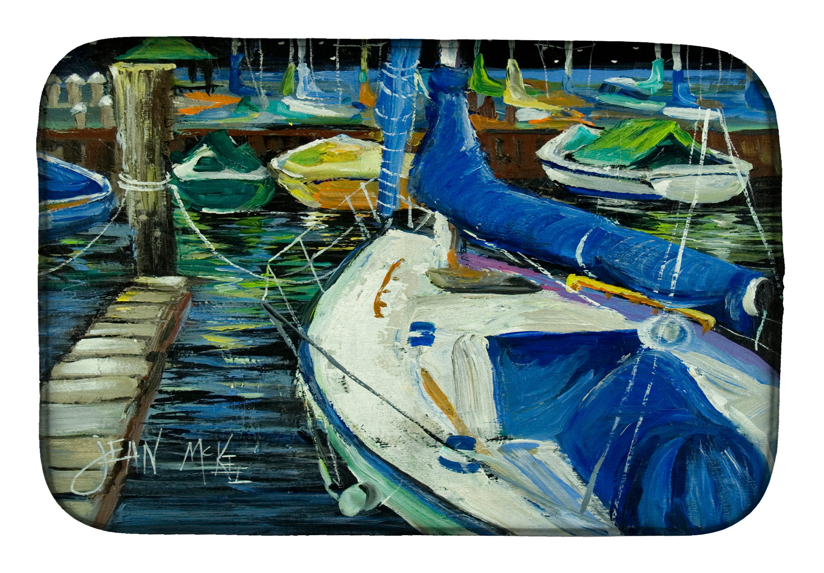 Night on the Docks Sailboat Dish Drying Mat Absorbent Dish Drying Mat Pad for Kitchen Counter Dish Drainer Mat for Countertop, 14 x 21", Multicolor