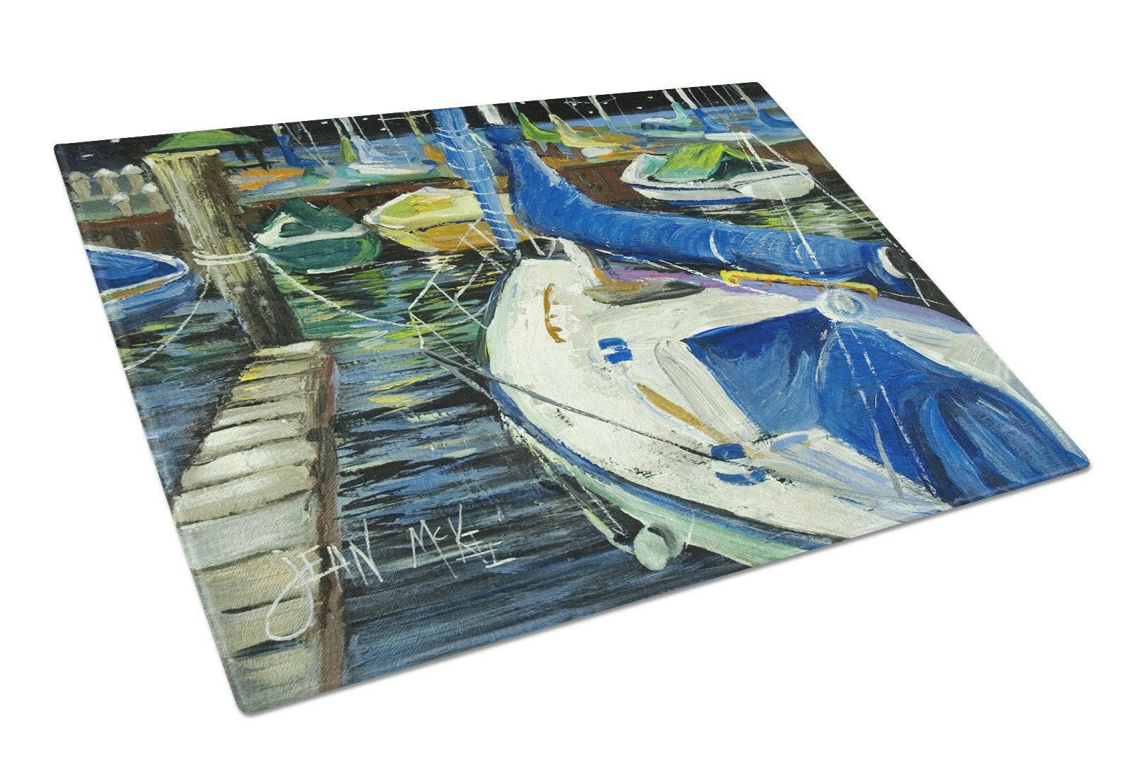 Night on the Docks Sailboat Cutting Board Tempered Glass Kitchen Cutting Surface, Heat Resistant Chopping, Non-Slip Feet, Food Prep & Serving