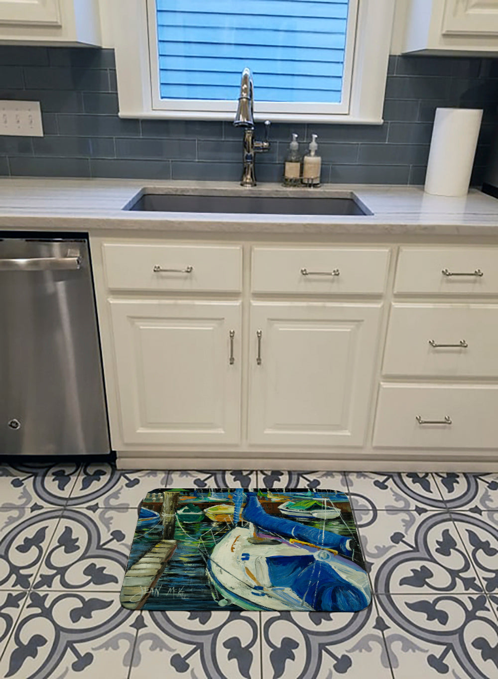 Night on the Docks Sailboat Memory Foam Kitchen Mat Machine Washable Anti-Fatigue Cushion Comfort Bath or Kitchen Rug