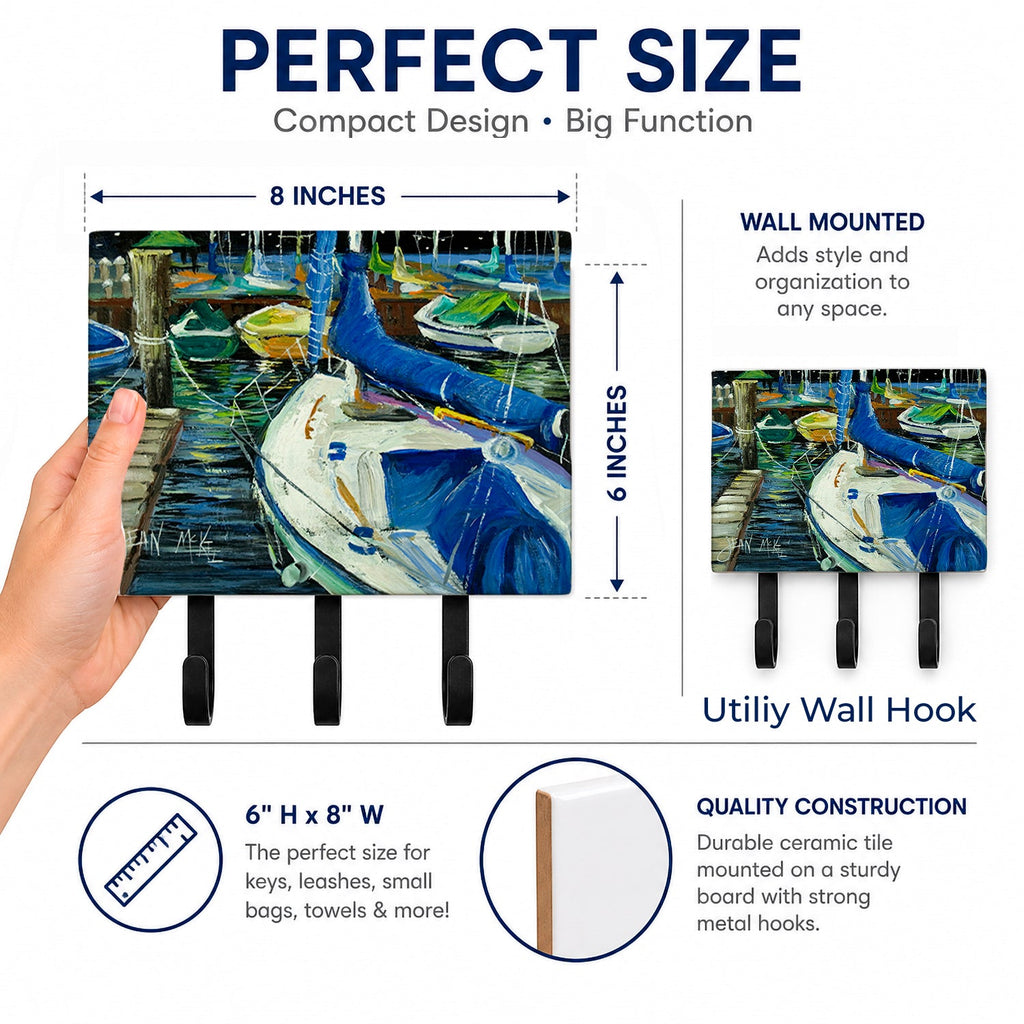 Night on the Docks Sailboat Leash or Key Holder Wall Hooks, Coat Rack Wall Mount, for Hanging Keys, Towels, Aprons, Leashes