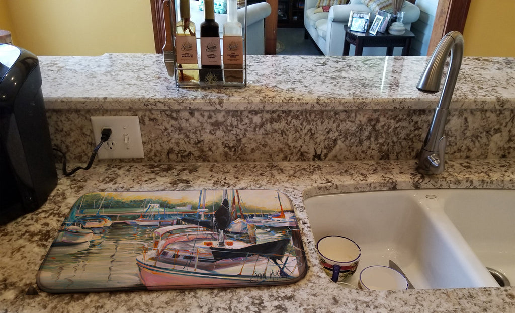 Black Sails Sailboat Dish Drying Mat Absorbent Dish Drying Mat Pad for Kitchen Counter Dish Drainer Mat for Countertop, 14 x 21", Multicolor