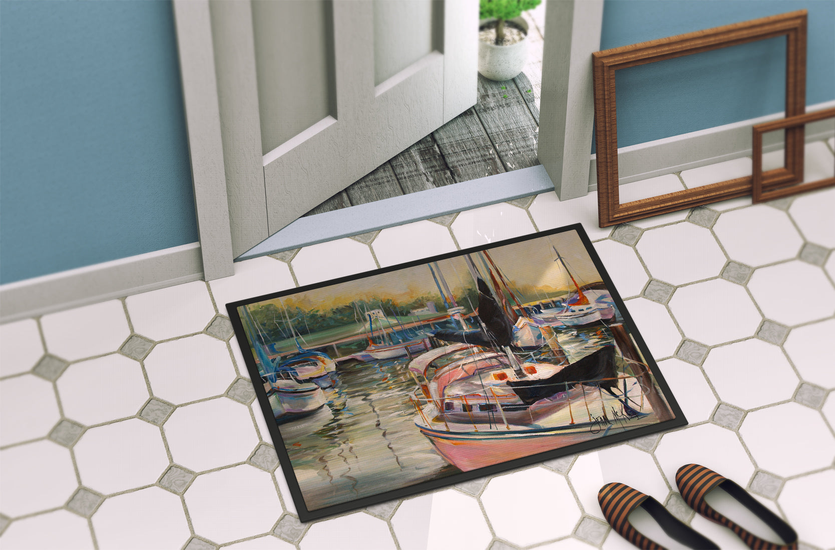 Black Sails Sailboat Doormat Indoor Outdoor 24H X 36W Front Door Mat Rugs for Entryway, Non Slip Washable Low Pile,