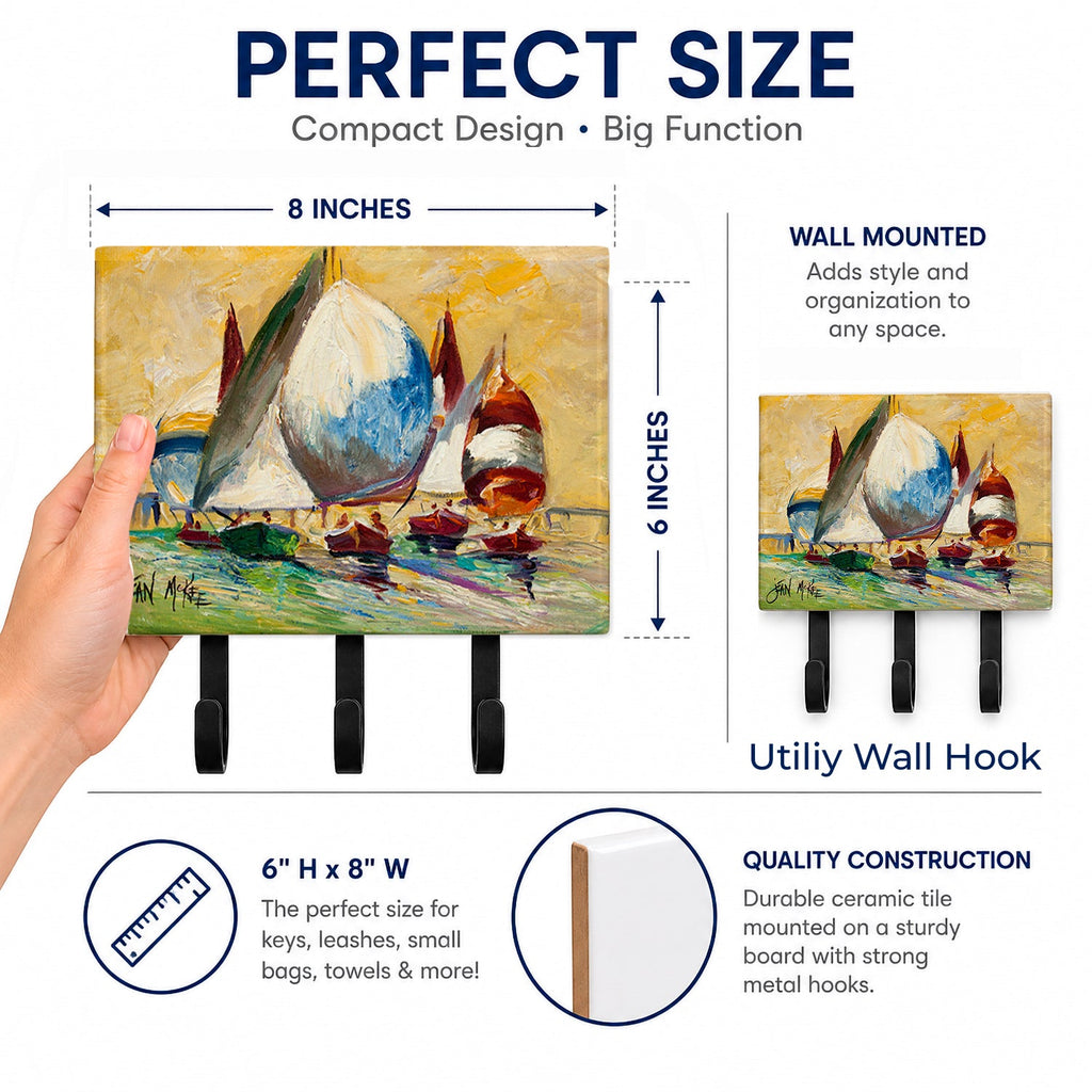 Bimini Sails Sailboat Leash or Key Holder Wall Hooks, Coat Rack Wall Mount, for Hanging Keys, Towels, Aprons, Leashes