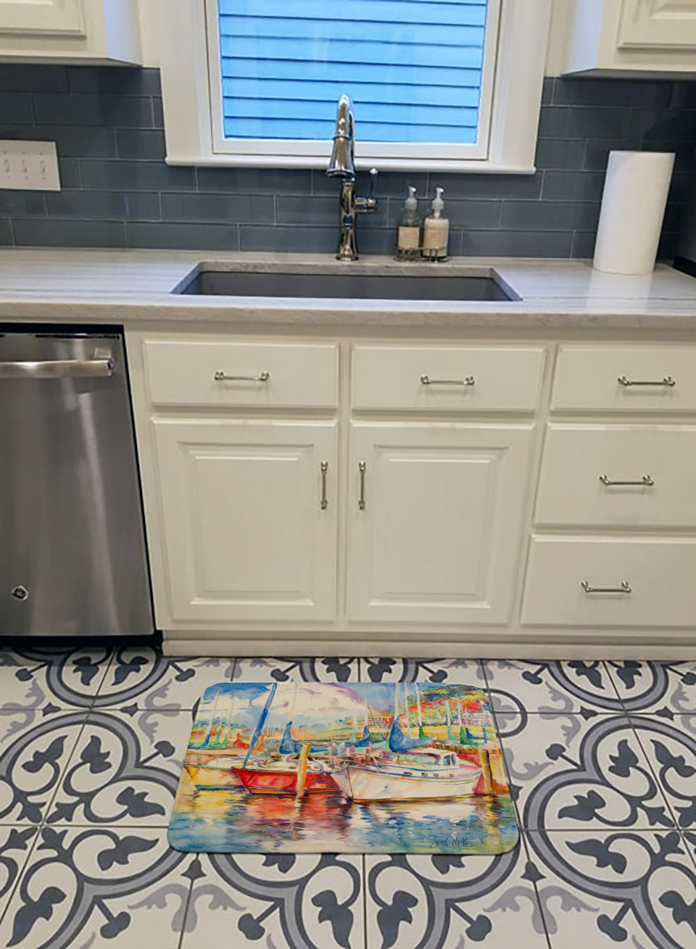 Three Boats Sailboats Memory Foam Kitchen Mat Machine Washable Anti-Fatigue Cushion Comfort Bath or Kitchen Rug