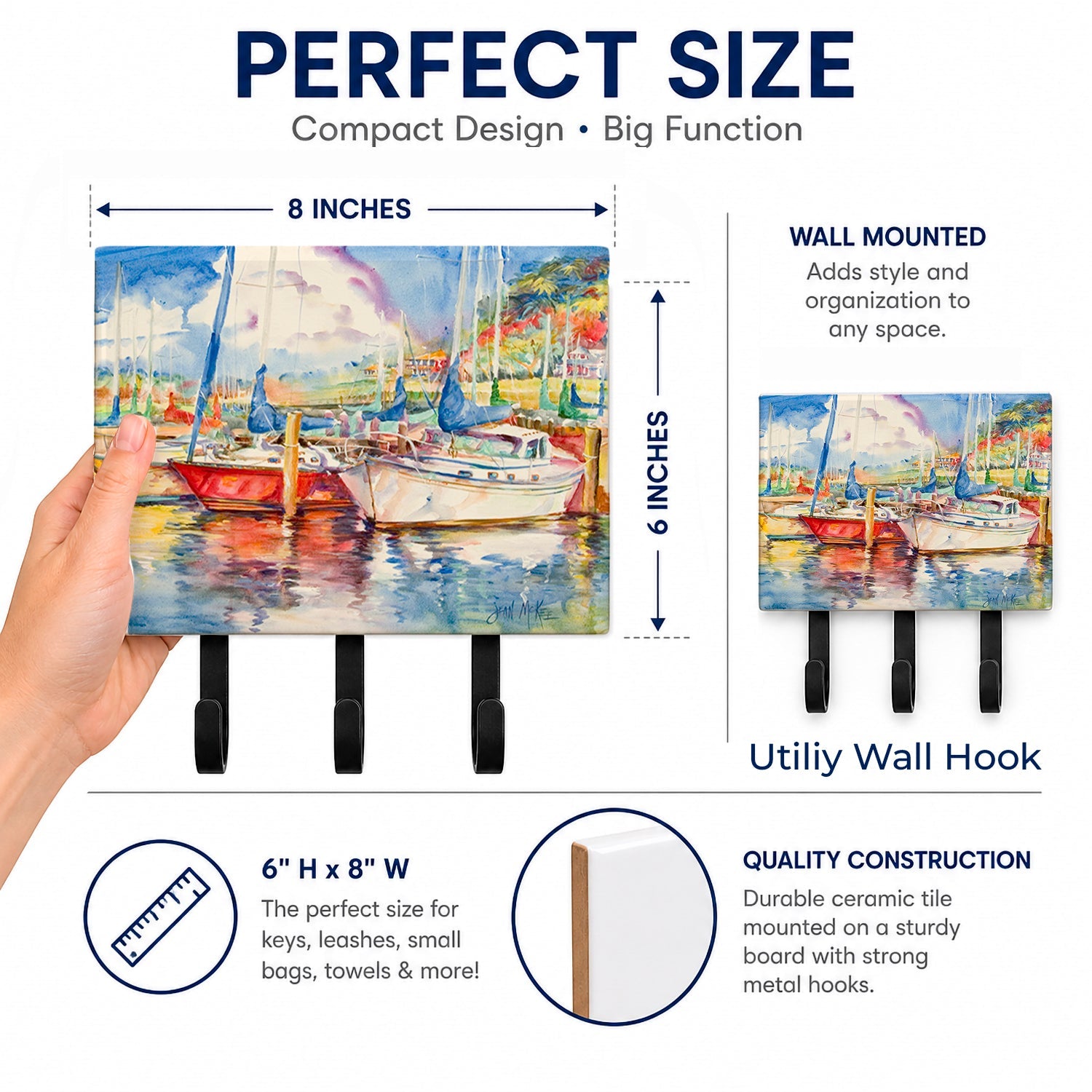 Three Boats Sailboats Leash or Key Holder Wall Hooks, Coat Rack Wall Mount, for Hanging Keys, Towels, Aprons, Leashes