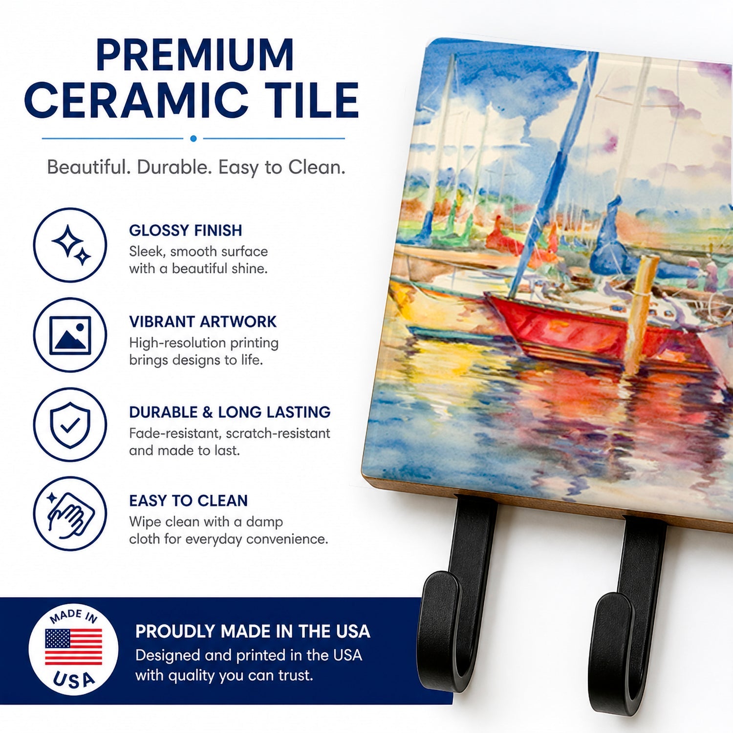 Three Boats Sailboats Leash or Key Holder Wall Hooks, Coat Rack Wall Mount, for Hanging Keys, Towels, Aprons, Leashes