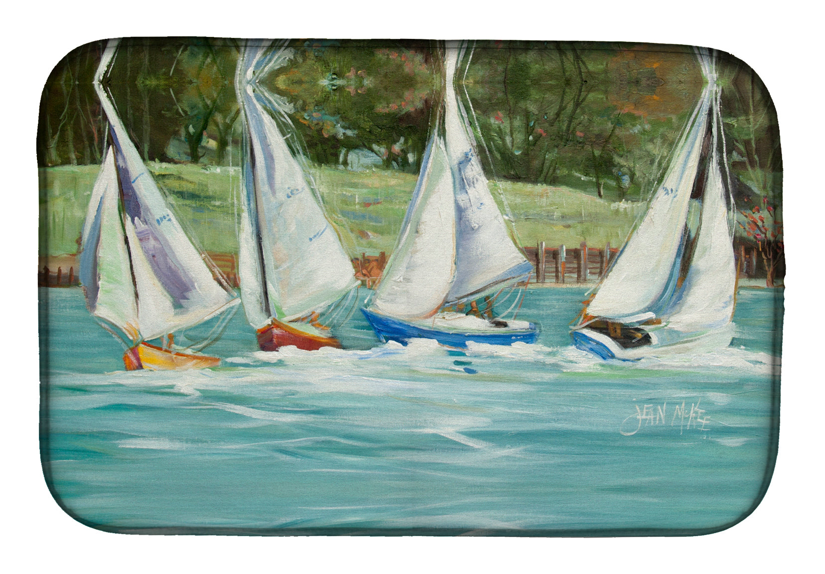 Sailboats on the bay Dish Drying Mat Absorbent Dish Drying Mat Pad for Kitchen Counter Dish Drainer Mat for Countertop, 14 x 21", Multicolor