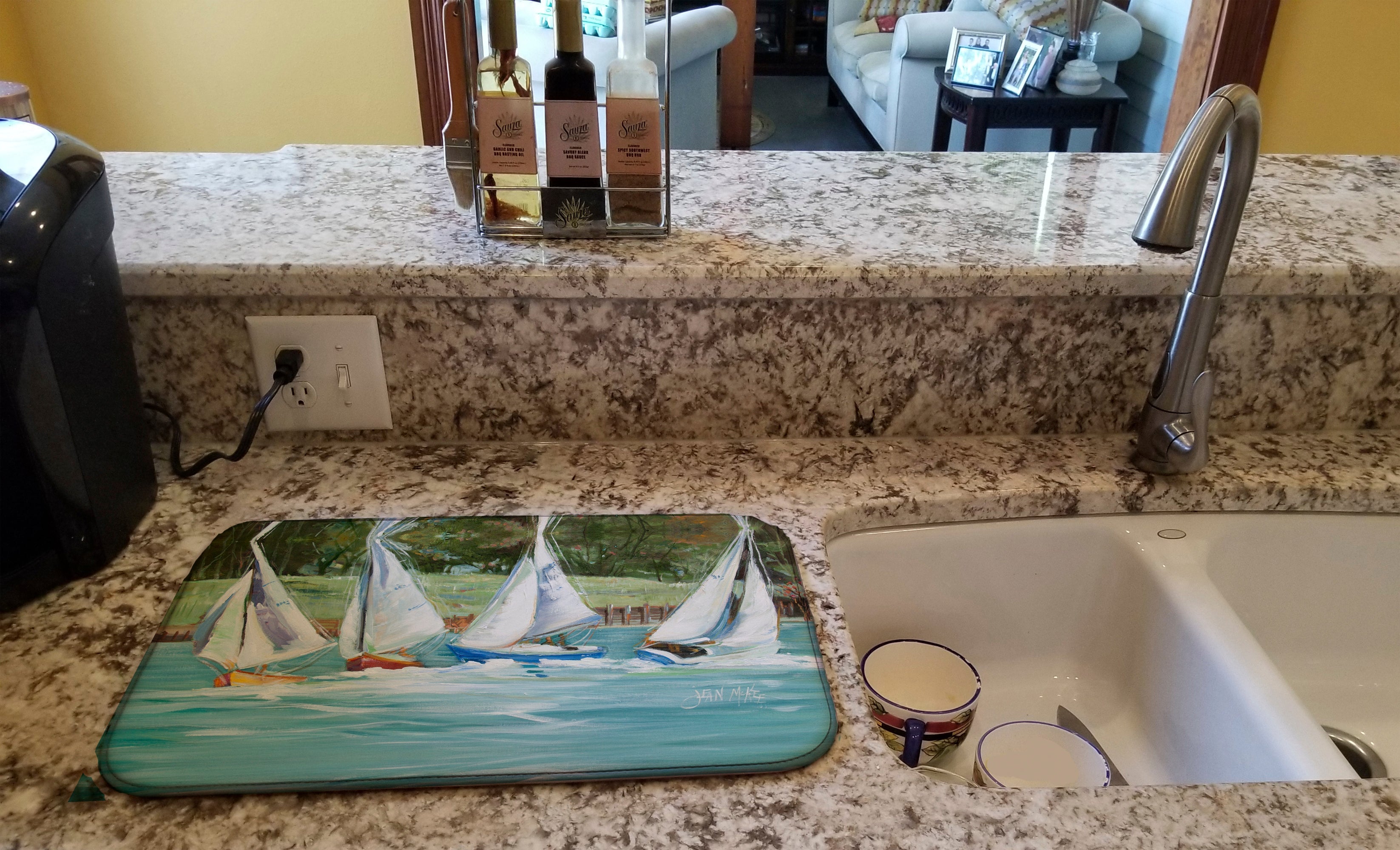 Sailboats on the bay Dish Drying Mat Absorbent Dish Drying Mat Pad for Kitchen Counter Dish Drainer Mat for Countertop, 14 x 21", Multicolor