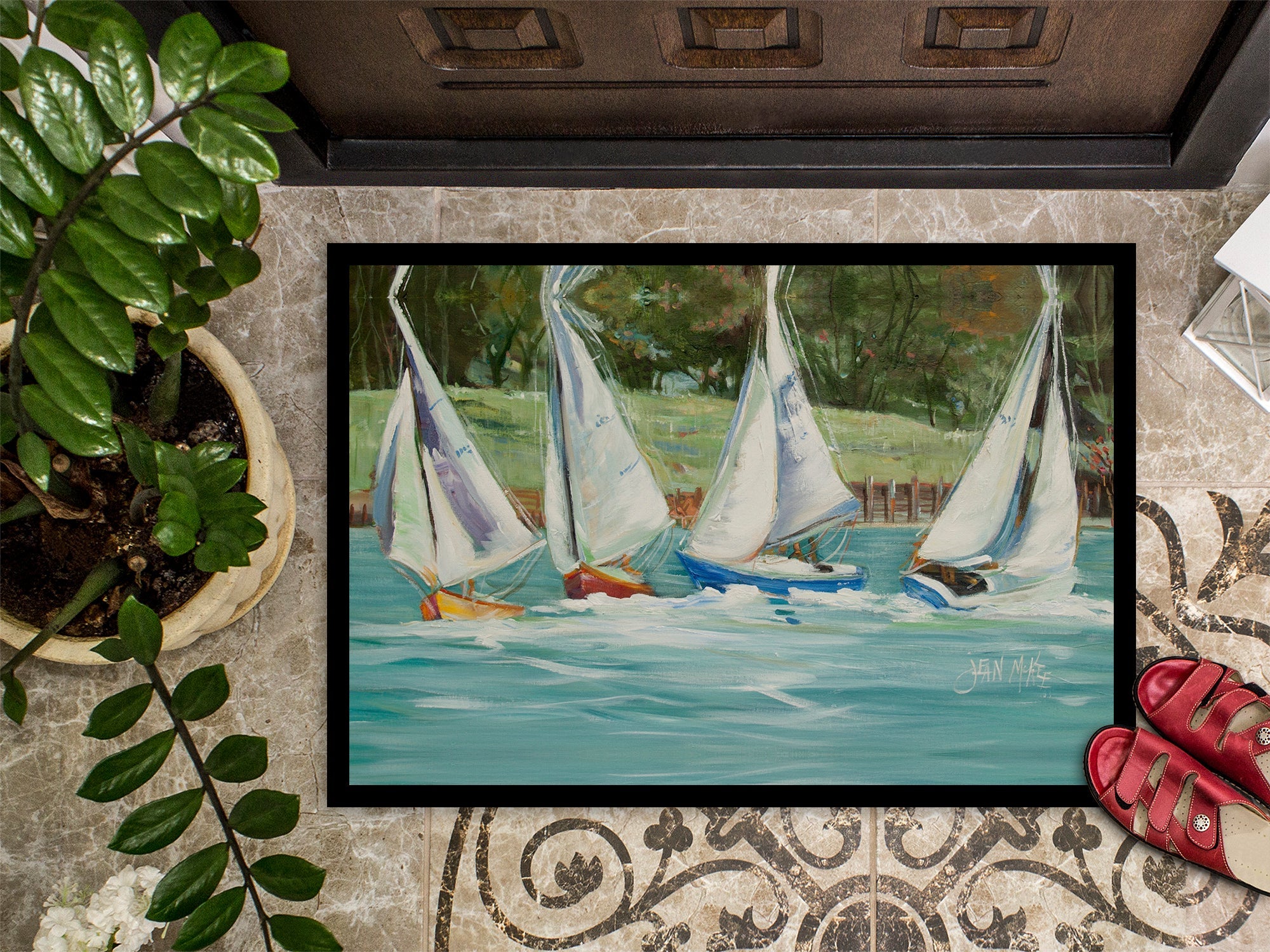 Sailboats on the bay Doormat Indoor Outdoor 24H X 36W Front Door Mat Rugs for Entryway, Non Slip Washable Low Pile,