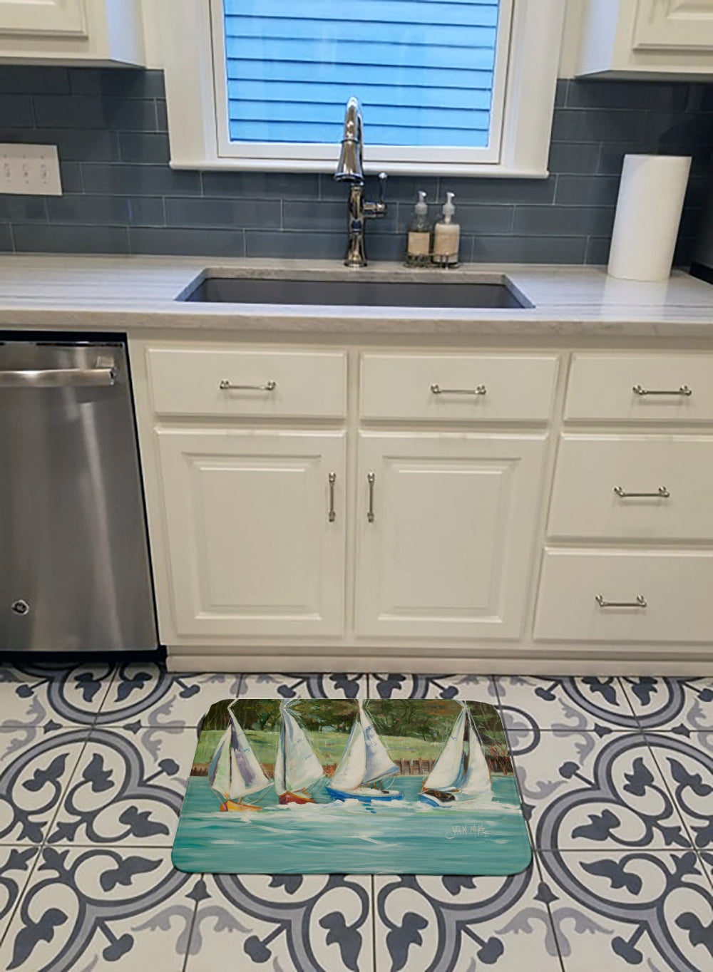 Sailboats on the bay Memory Foam Kitchen Mat Machine Washable Anti-Fatigue Cushion Comfort Bath or Kitchen Rug