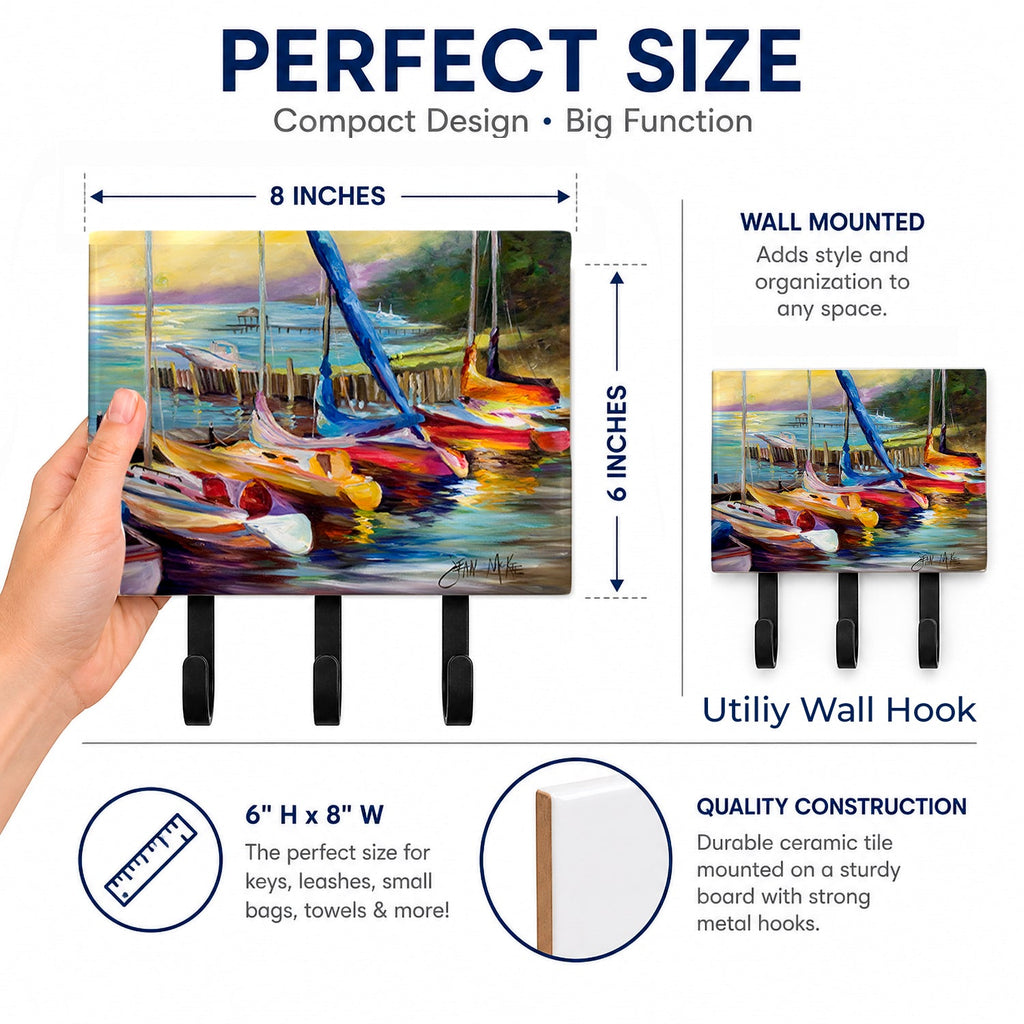 Sailboats at sunset Leash or Key Holder Wall Hooks, Coat Rack Wall Mount, for Hanging Keys, Towels, Aprons, Leashes