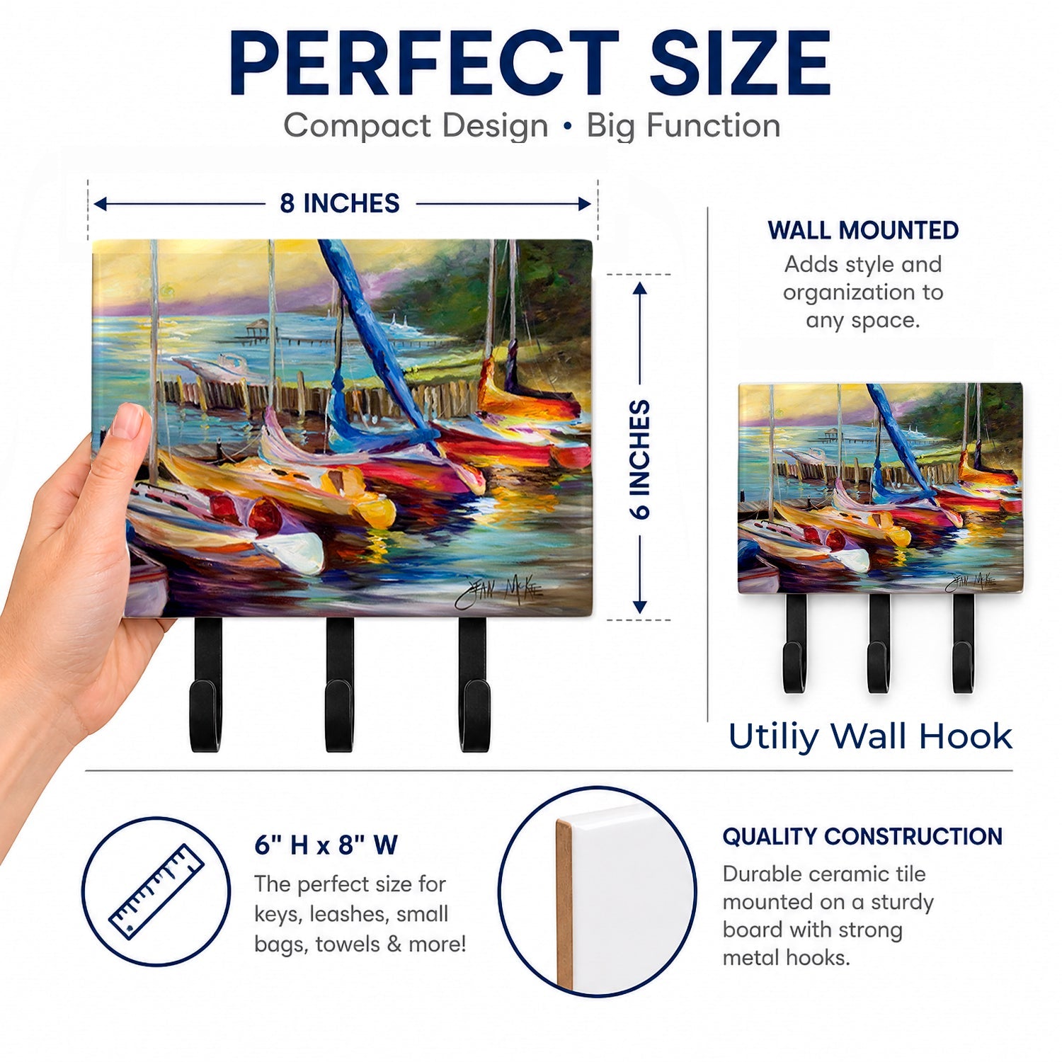 Sailboats at sunset Leash or Key Holder Wall Hooks, Coat Rack Wall Mount, for Hanging Keys, Towels, Aprons, Leashes