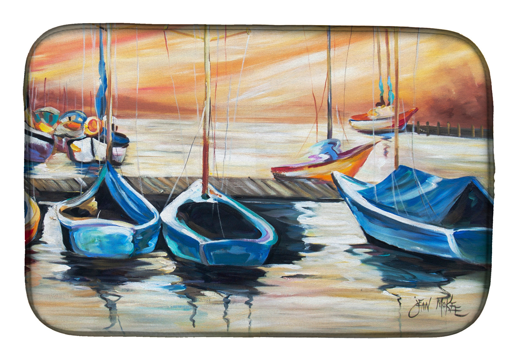 Beach View with Sailboats Dish Drying Mat Absorbent Dish Drying Mat Pad for Kitchen Counter Dish Drainer Mat for Countertop, 14 x 21", Multicolor