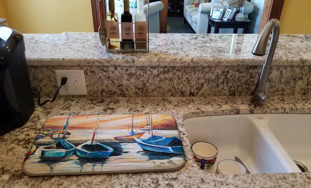 Beach View with Sailboats Dish Drying Mat Absorbent Dish Drying Mat Pad for Kitchen Counter Dish Drainer Mat for Countertop, 14 x 21", Multicolor