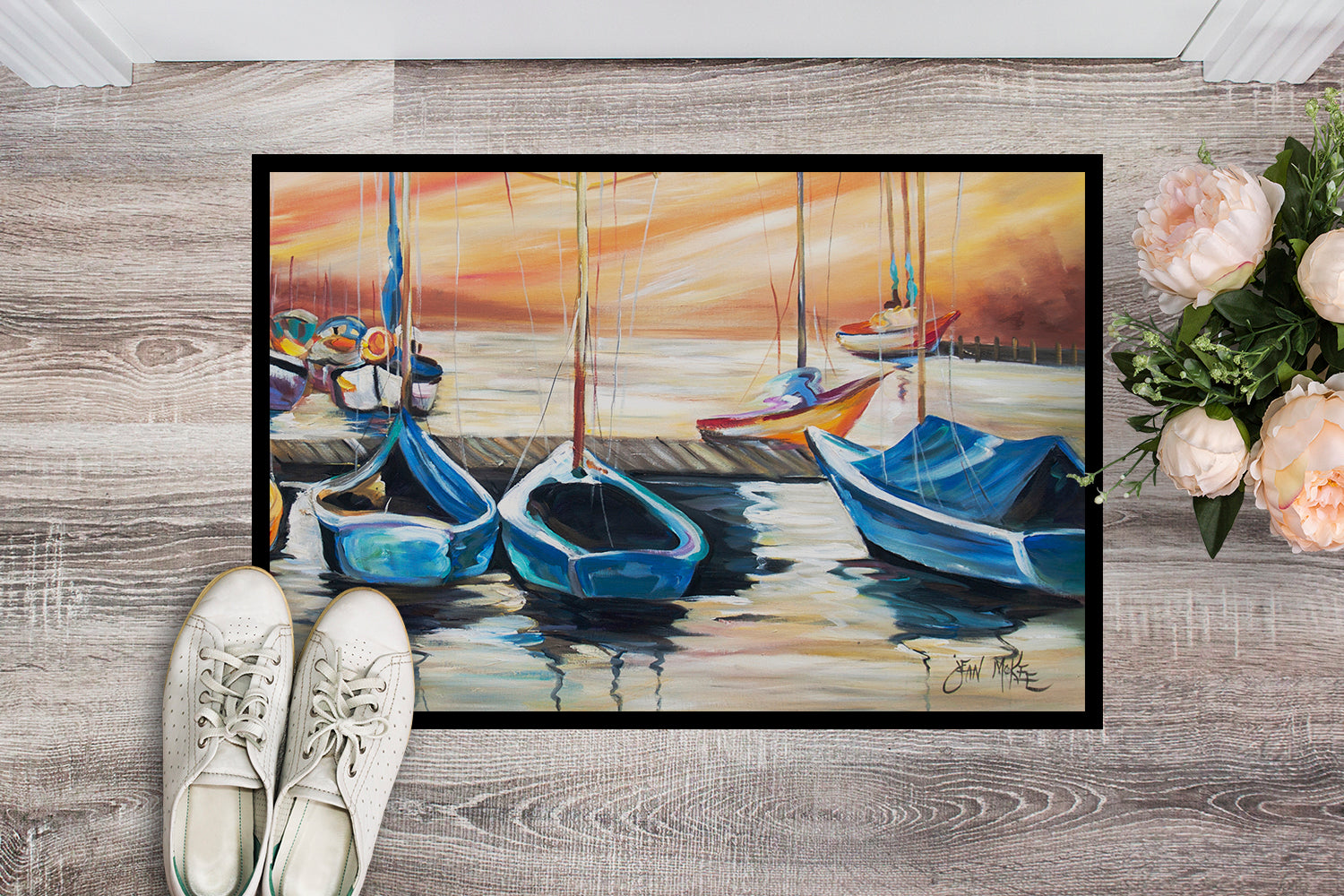 Beach View with Sailboats Doormat Indoor Outdoor 24H X 36W Front Door Mat Rugs for Entryway, Non Slip Washable Low Pile,