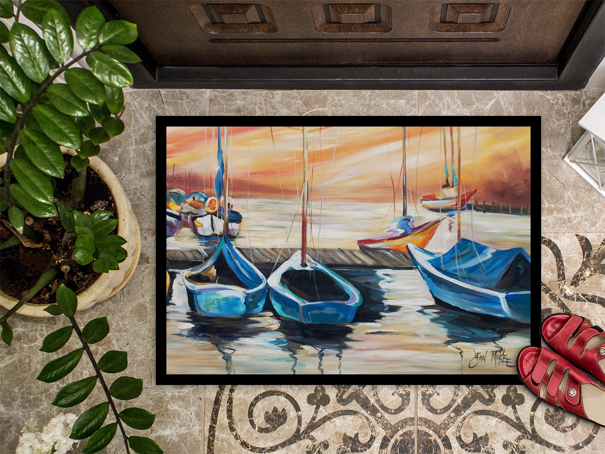 Beach View with Sailboats Doormat Indoor Outdoor 24H X 36W Front Door Mat Rugs for Entryway, Non Slip Washable Low Pile,