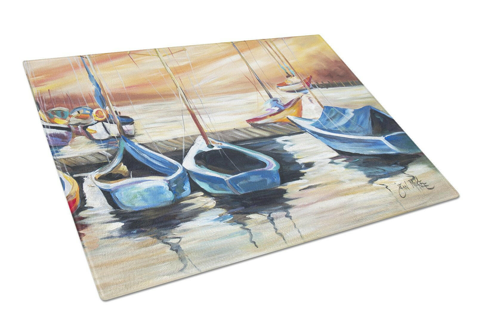 Beach View with Sailboats Cutting Board Tempered Glass Kitchen Cutting Surface, Heat Resistant Chopping, Non-Slip Feet, Food Prep & Serving