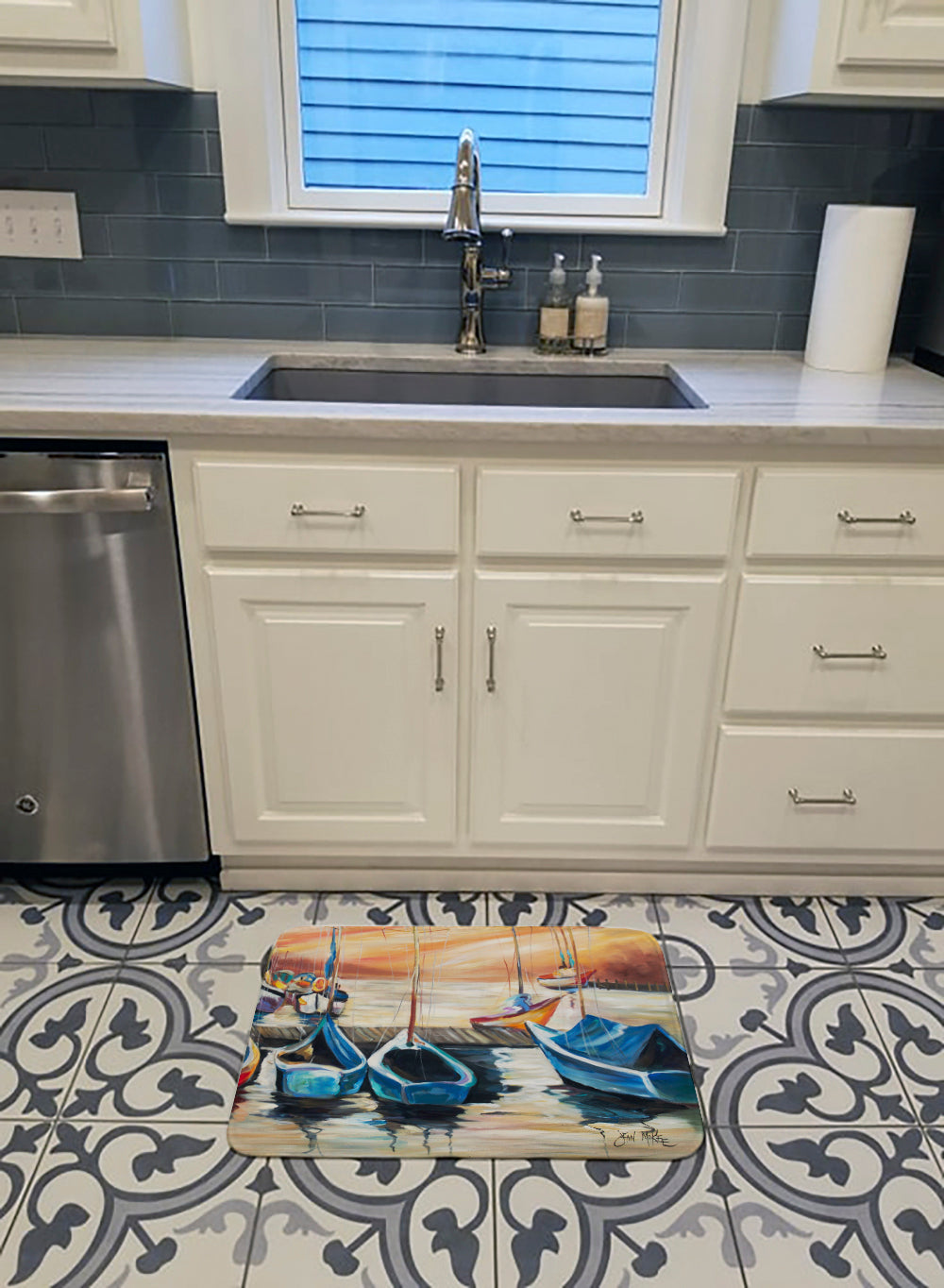 Beach View with Sailboats Memory Foam Kitchen Mat Machine Washable Anti-Fatigue Cushion Comfort Bath or Kitchen Rug
