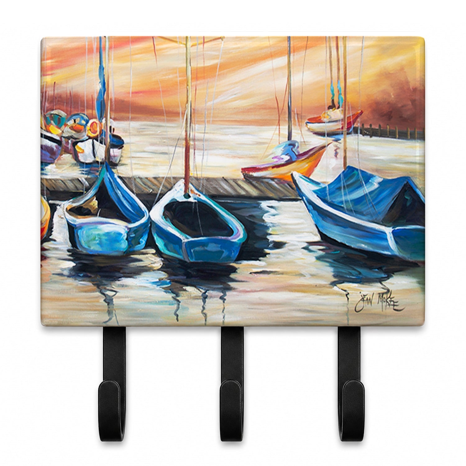 Beach View with Sailboats Leash or Key Holder Wall Hooks, Coat Rack Wall Mount, for Hanging Keys, Towels, Aprons, Leashes