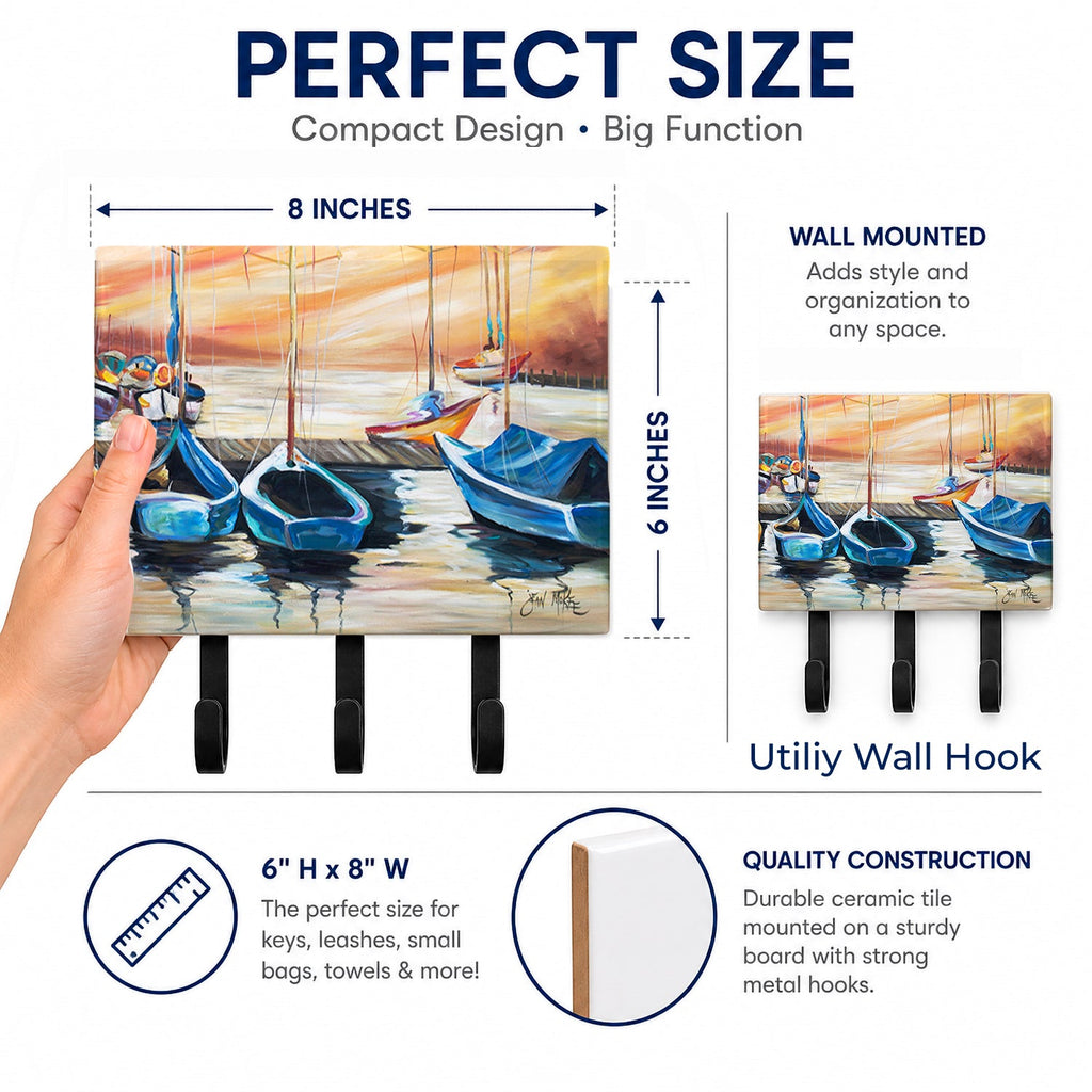 Beach View with Sailboats Leash or Key Holder Wall Hooks, Coat Rack Wall Mount, for Hanging Keys, Towels, Aprons, Leashes