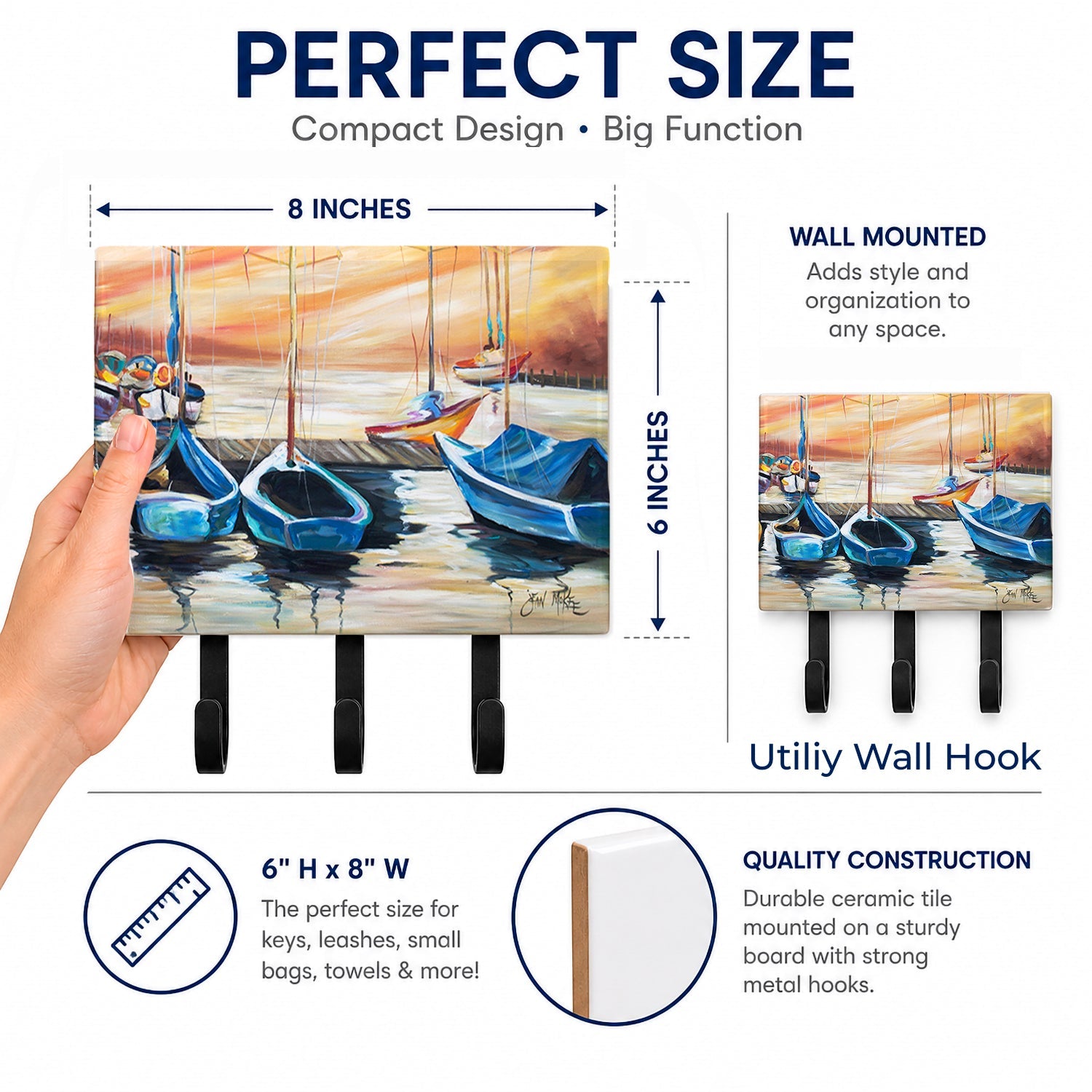 Beach View with Sailboats Leash or Key Holder Wall Hooks, Coat Rack Wall Mount, for Hanging Keys, Towels, Aprons, Leashes