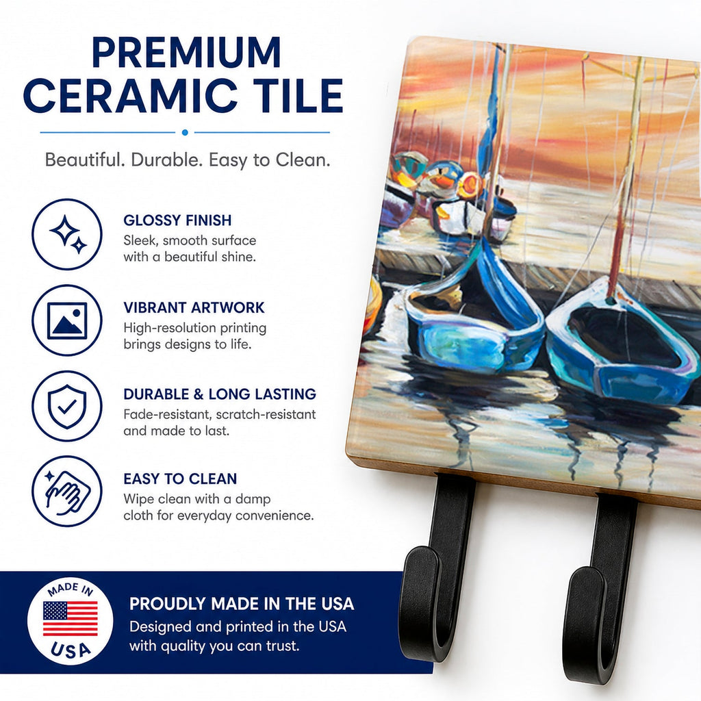 Beach View with Sailboats Leash or Key Holder Wall Hooks, Coat Rack Wall Mount, for Hanging Keys, Towels, Aprons, Leashes