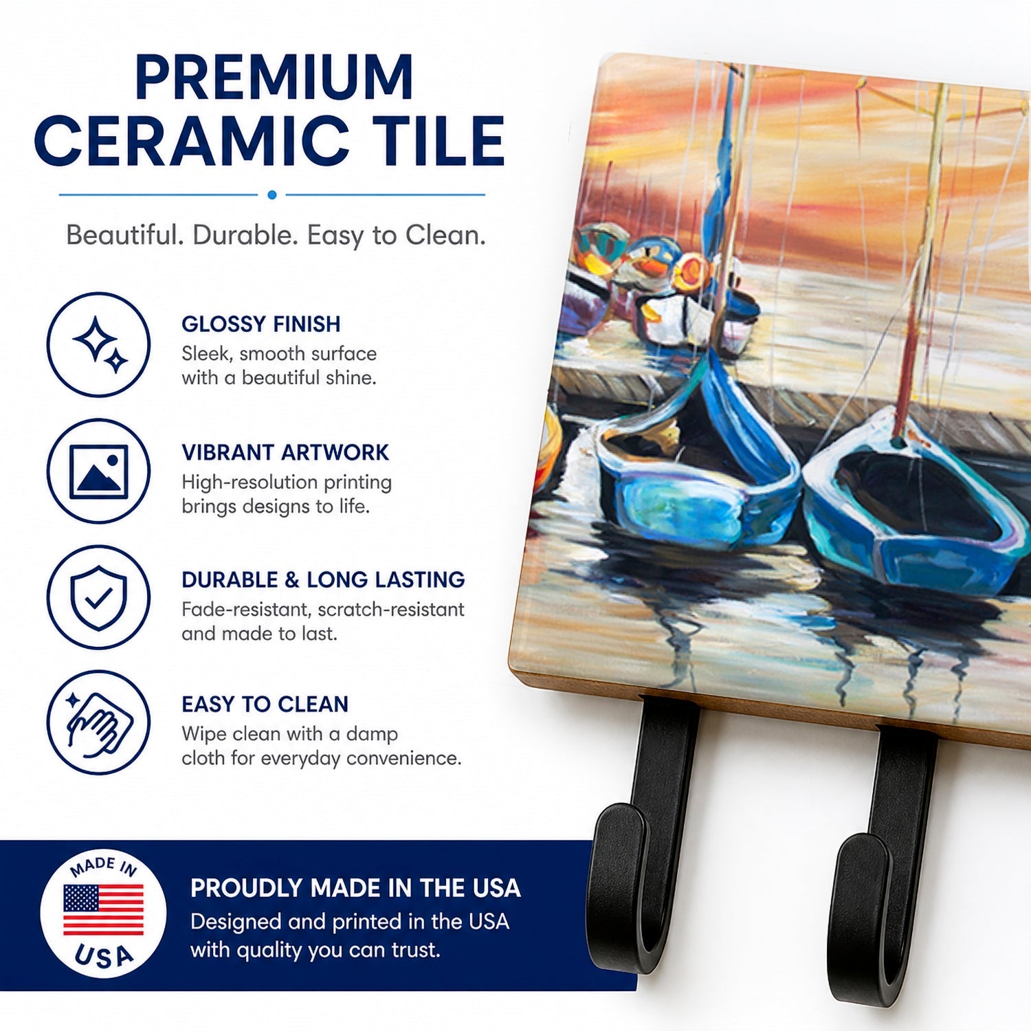 Beach View with Sailboats Leash or Key Holder Wall Hooks, Coat Rack Wall Mount, for Hanging Keys, Towels, Aprons, Leashes