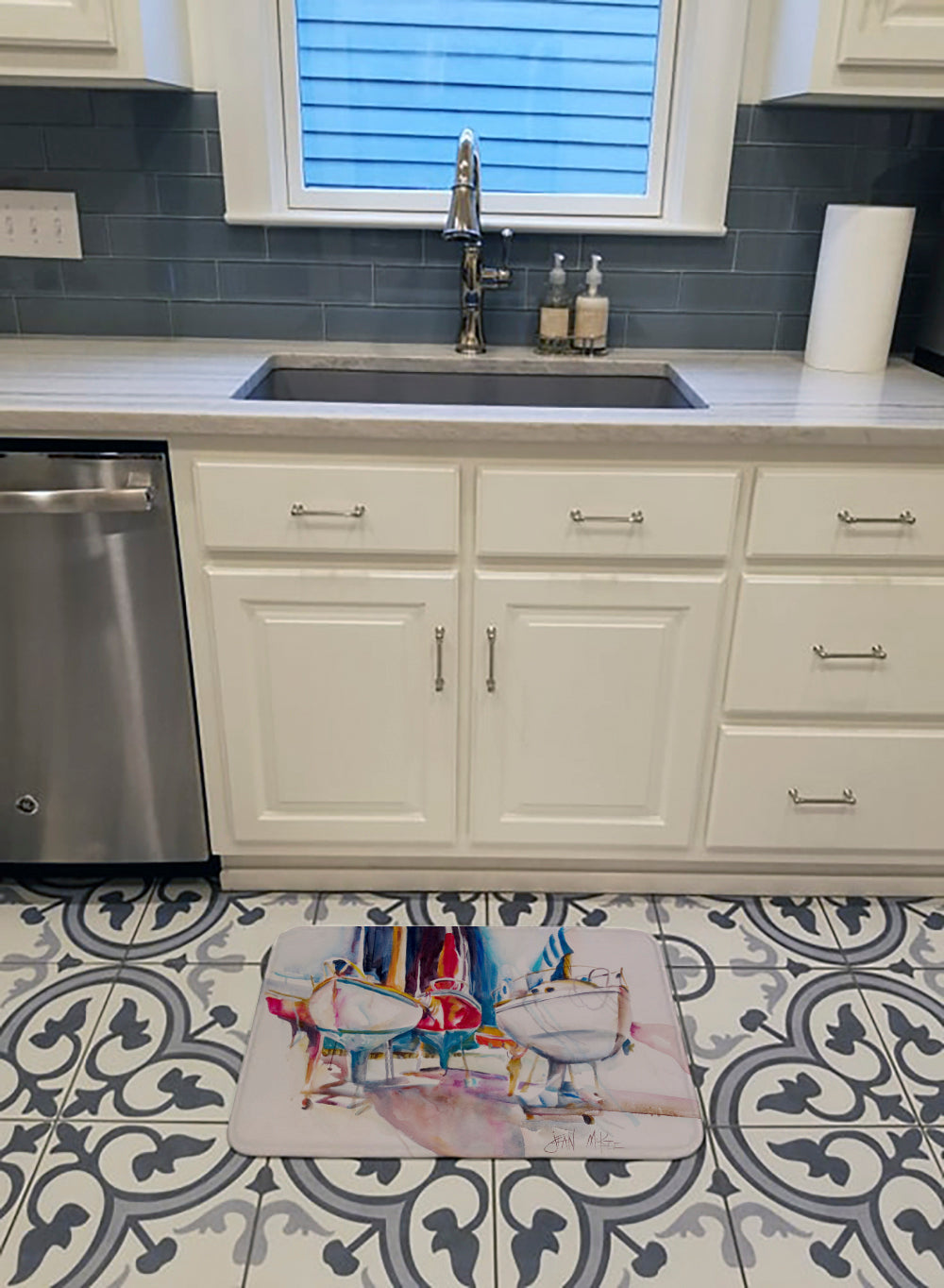 Sailboats in Dry Dock Memory Foam Kitchen Mat Machine Washable Anti-Fatigue Cushion Comfort Bath or Kitchen Rug