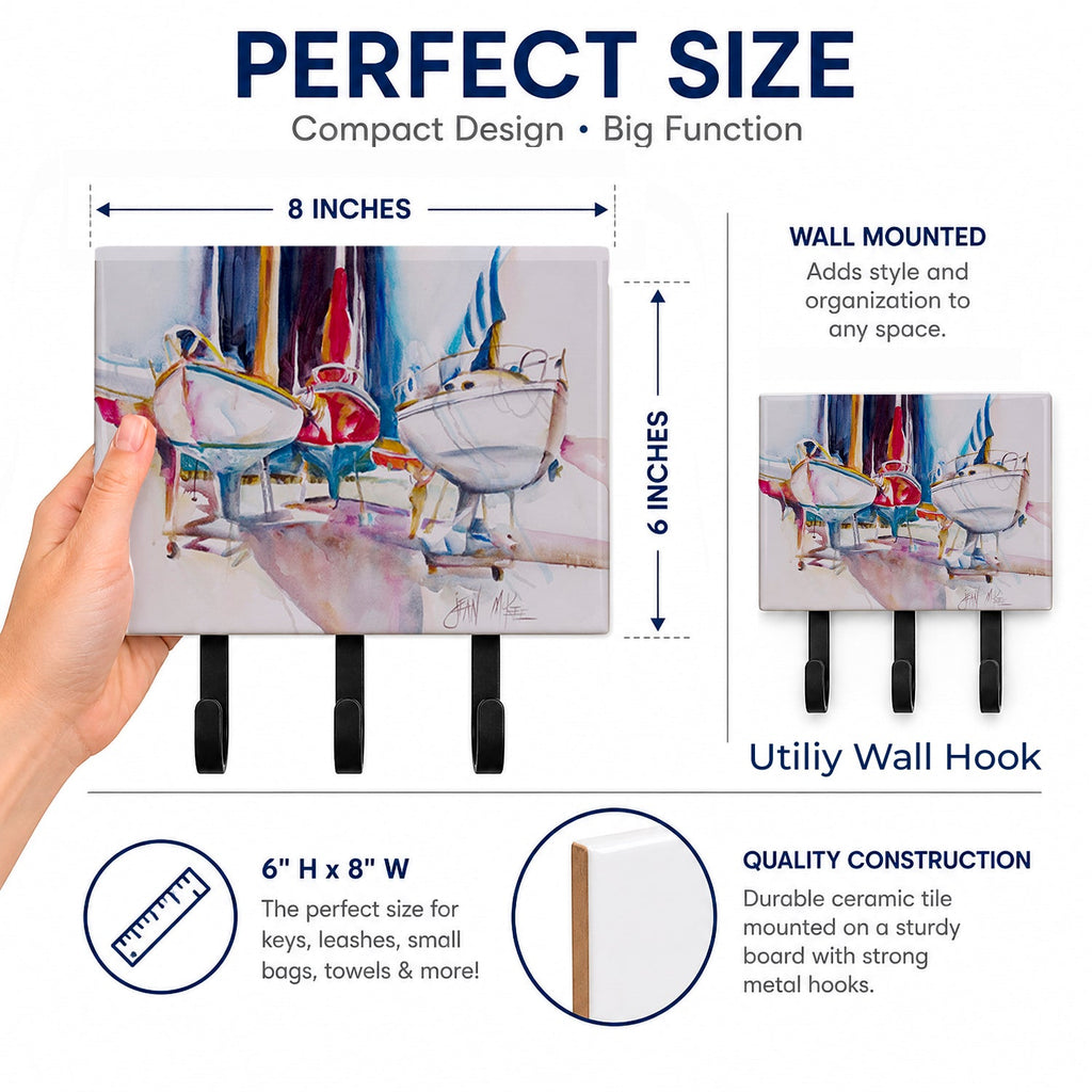 Sailboats in Dry Dock Leash or Key Holder Wall Hooks, Coat Rack Wall Mount, for Hanging Keys, Towels, Aprons, Leashes