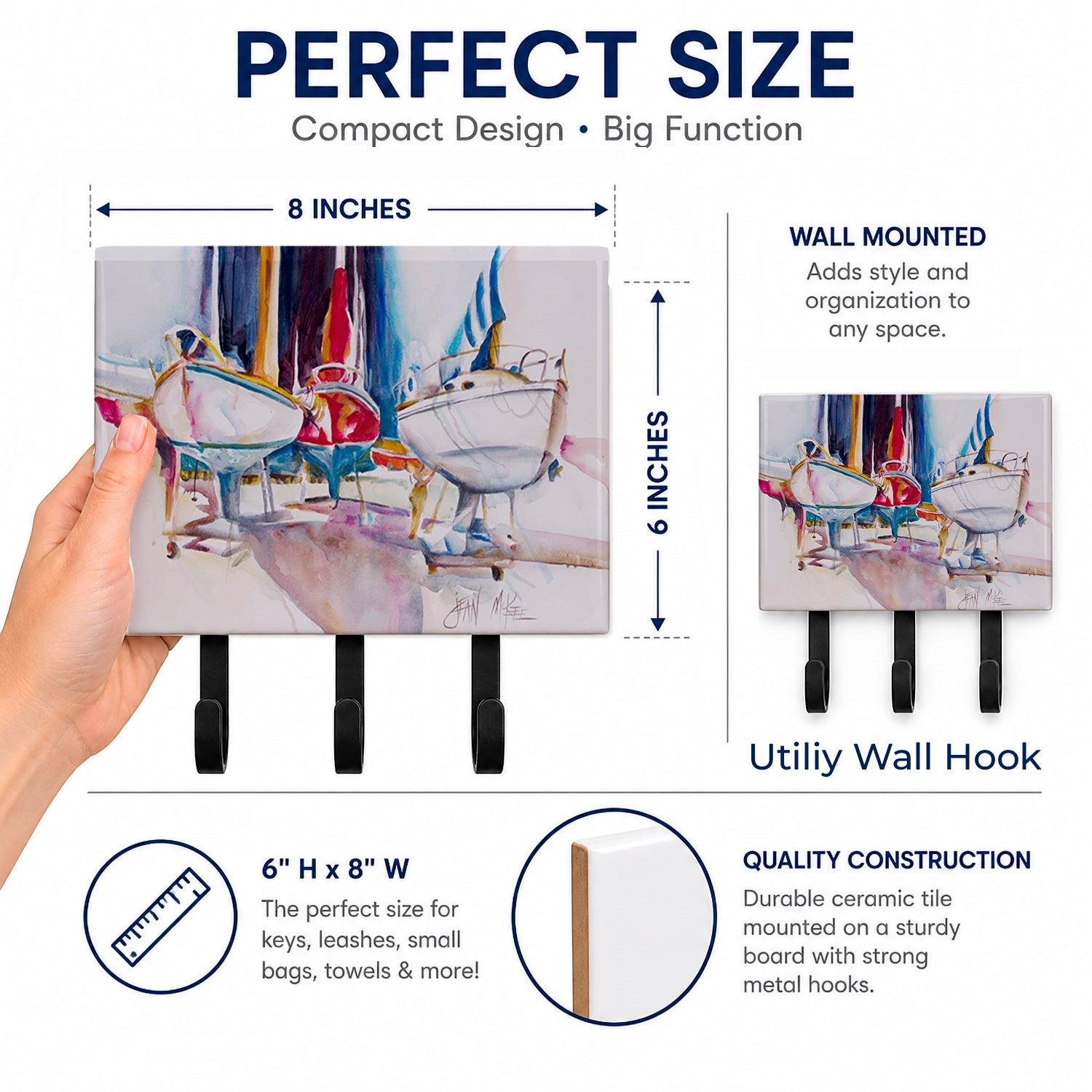 Sailboats in Dry Dock Leash or Key Holder Wall Hooks, Coat Rack Wall Mount, for Hanging Keys, Towels, Aprons, Leashes