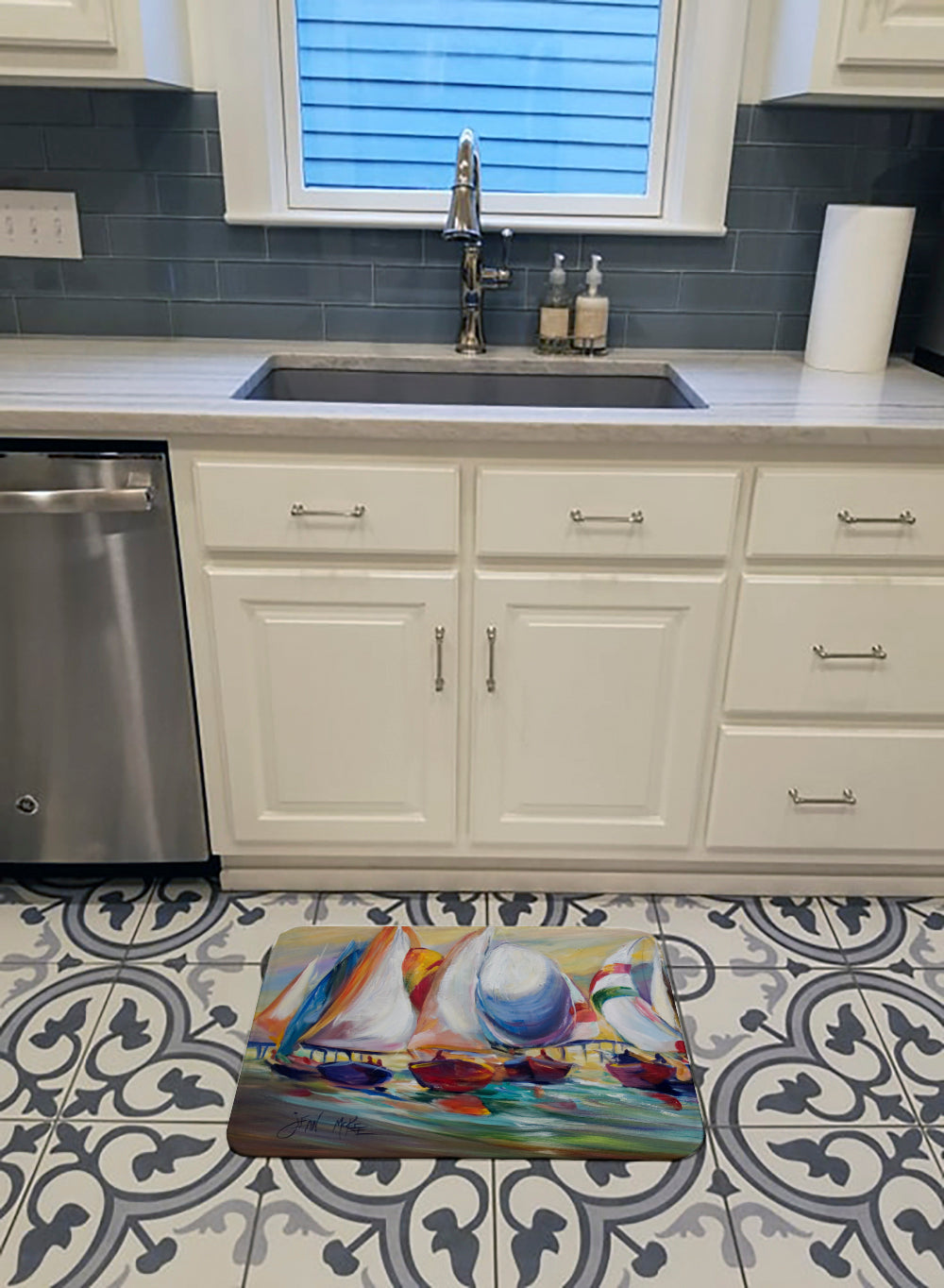 Sailboat Race in Dauphin Island Memory Foam Kitchen Mat Machine Washable Anti-Fatigue Cushion Comfort Bath or Kitchen Rug