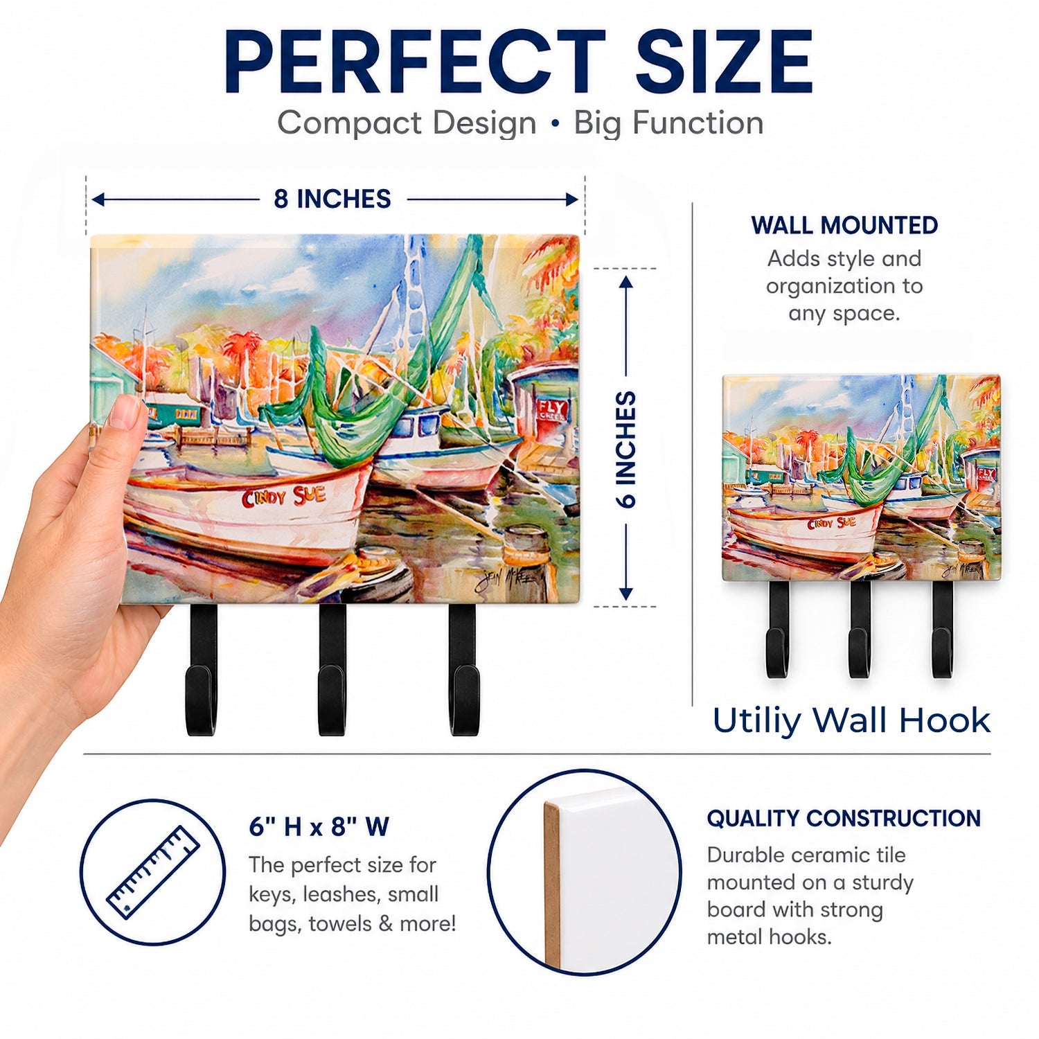 Sailboat Cindy Sue Leash or Key Holder Wall Hooks, Coat Rack Wall Mount, for Hanging Keys, Towels, Aprons, Leashes