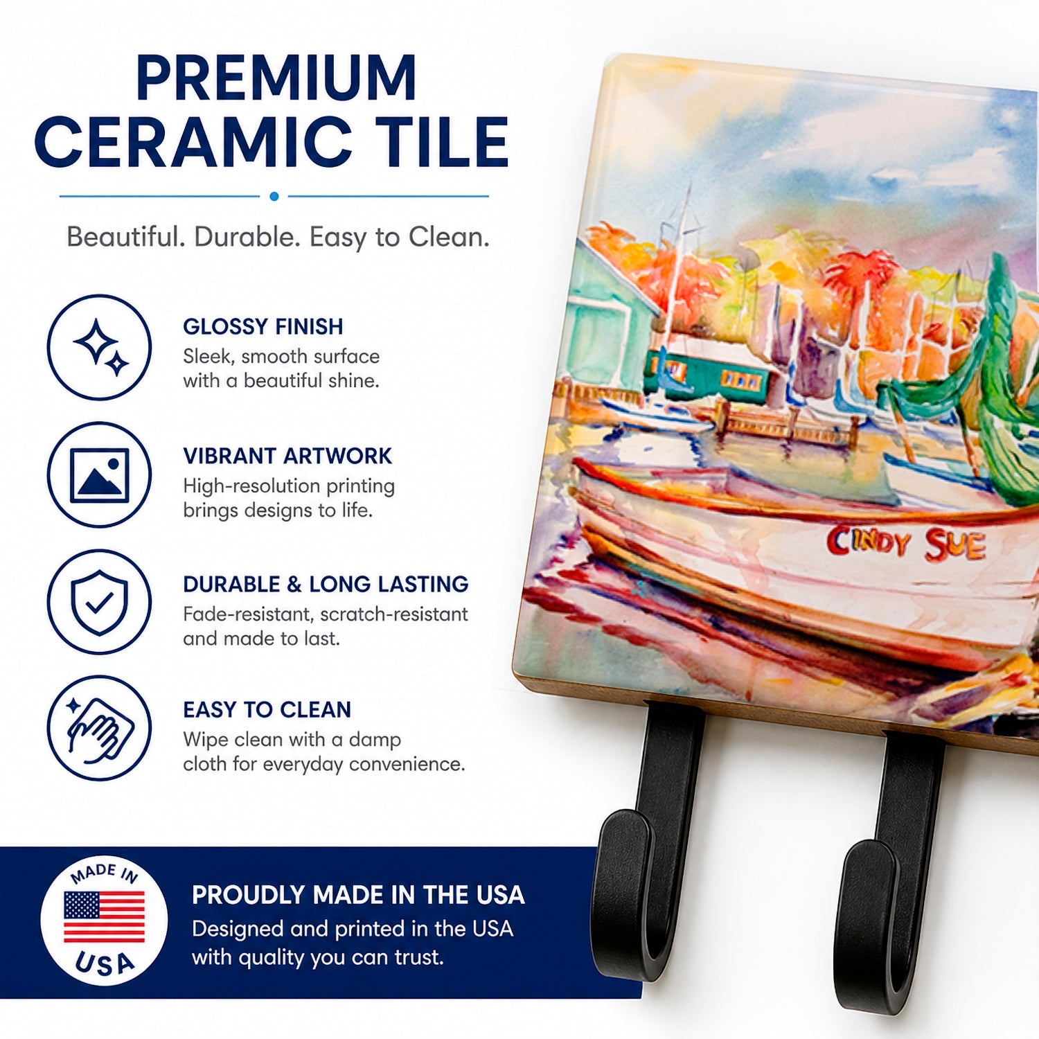 Sailboat Cindy Sue Leash or Key Holder Wall Hooks, Coat Rack Wall Mount, for Hanging Keys, Towels, Aprons, Leashes