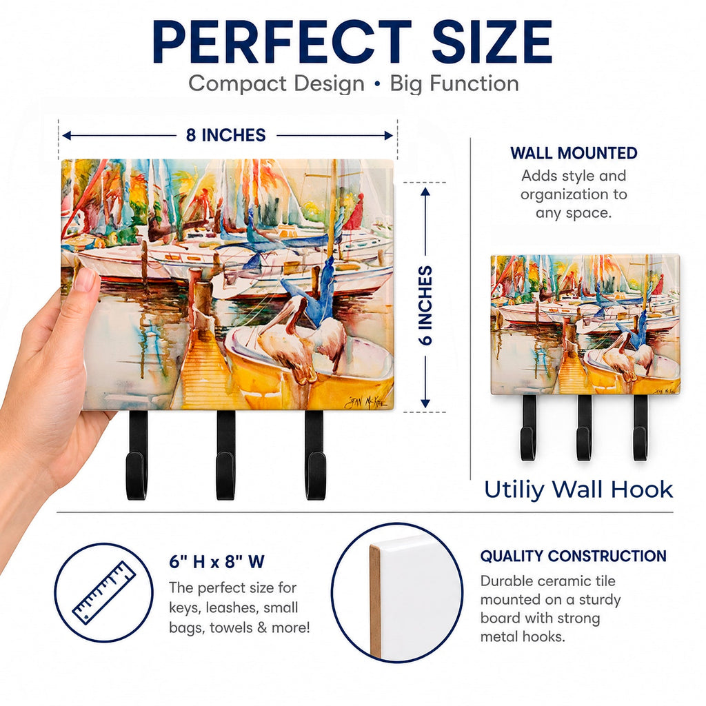 Sailboat  with Pelican Golden Days Leash or Key Holder Wall Hooks, Coat Rack Wall Mount, for Hanging Keys, Towels, Aprons, Leashes