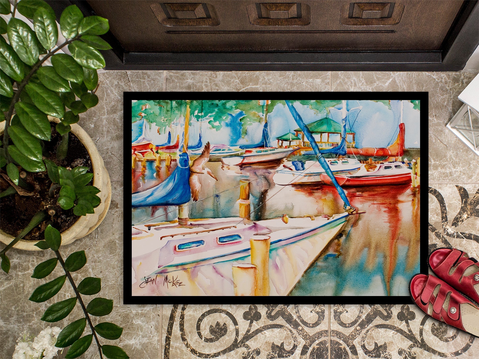Sailboats at the Gazebo Doormat Indoor Outdoor 24H X 36W Front Door Mat Rugs for Entryway, Non Slip Washable Low Pile,