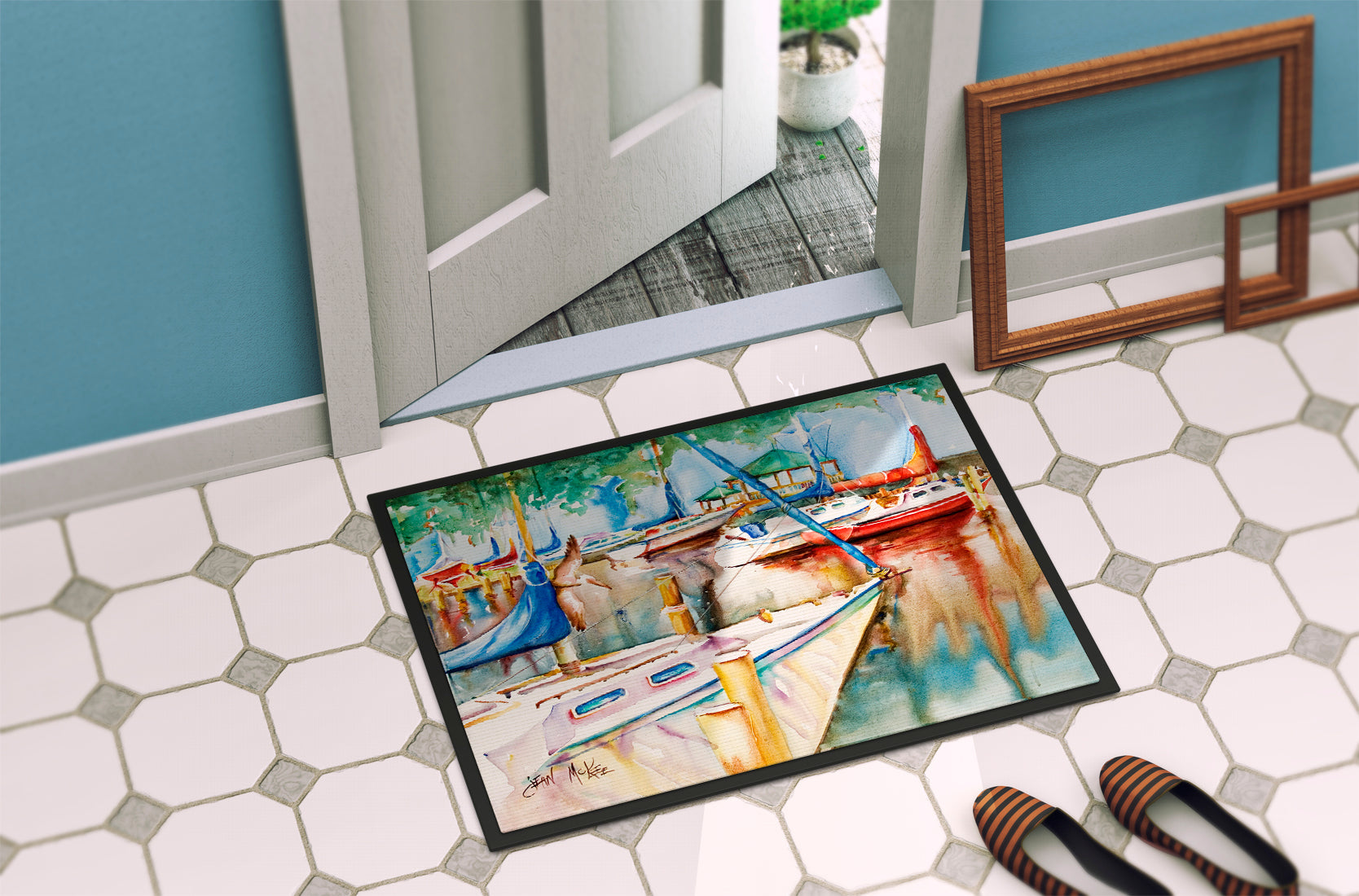 Sailboats at the Gazebo Doormat Indoor Outdoor 24H X 36W Front Door Mat Rugs for Entryway, Non Slip Washable Low Pile,