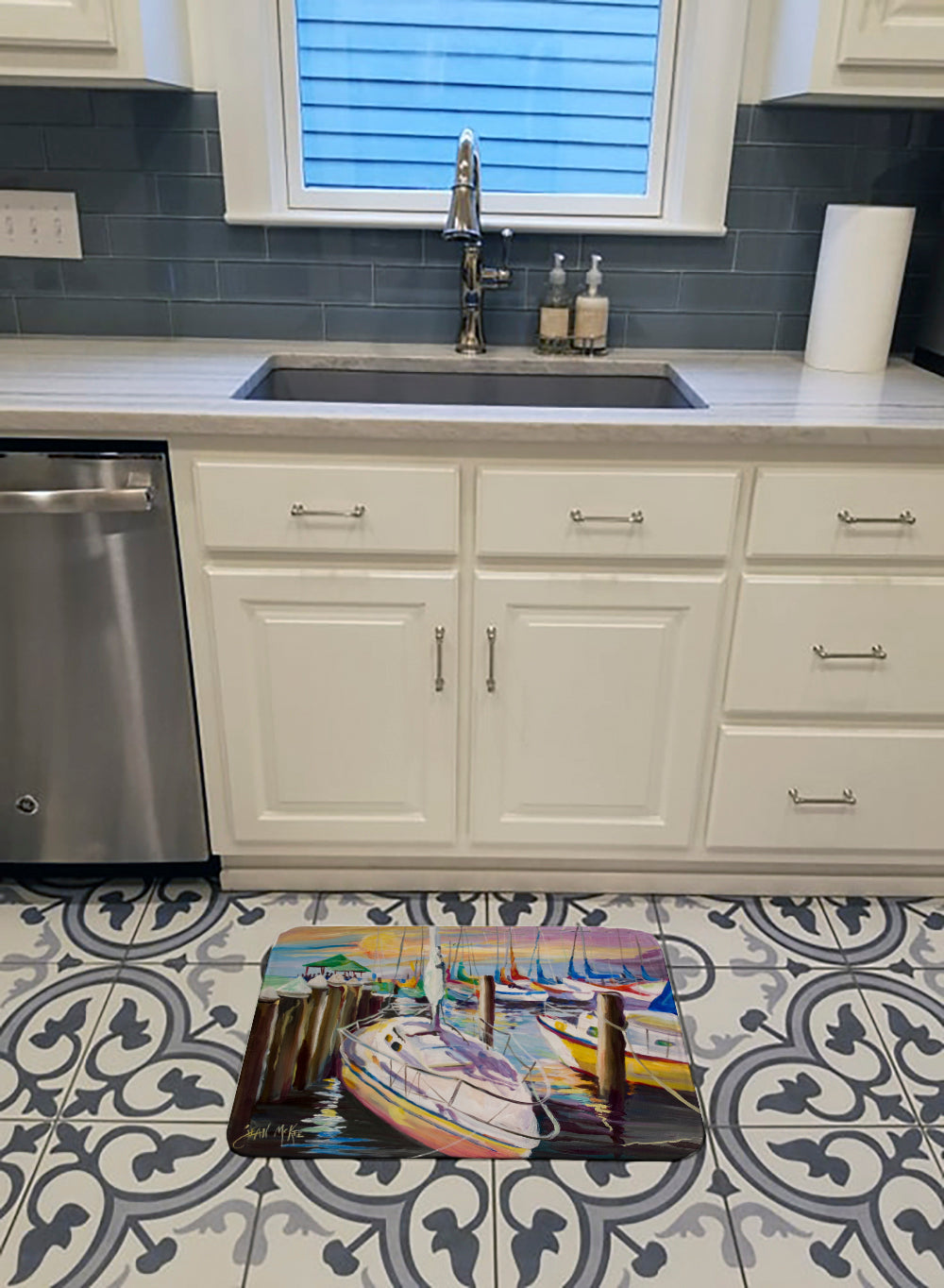 Sailboats at the Fairhope Yacht Club Docks Memory Foam Kitchen Mat Machine Washable Anti-Fatigue Cushion Comfort Bath or Kitchen Rug