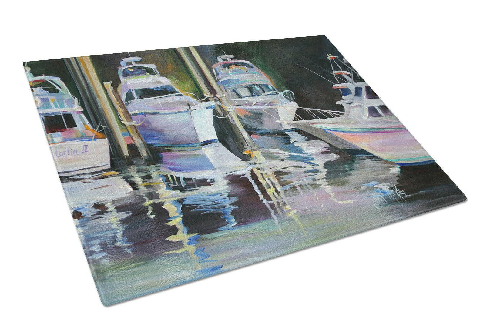 Deep Sea Fishing Boats Cutting Board Tempered Glass Kitchen Cutting Surface, Heat Resistant Chopping, Non-Slip Feet, Food Prep & Serving