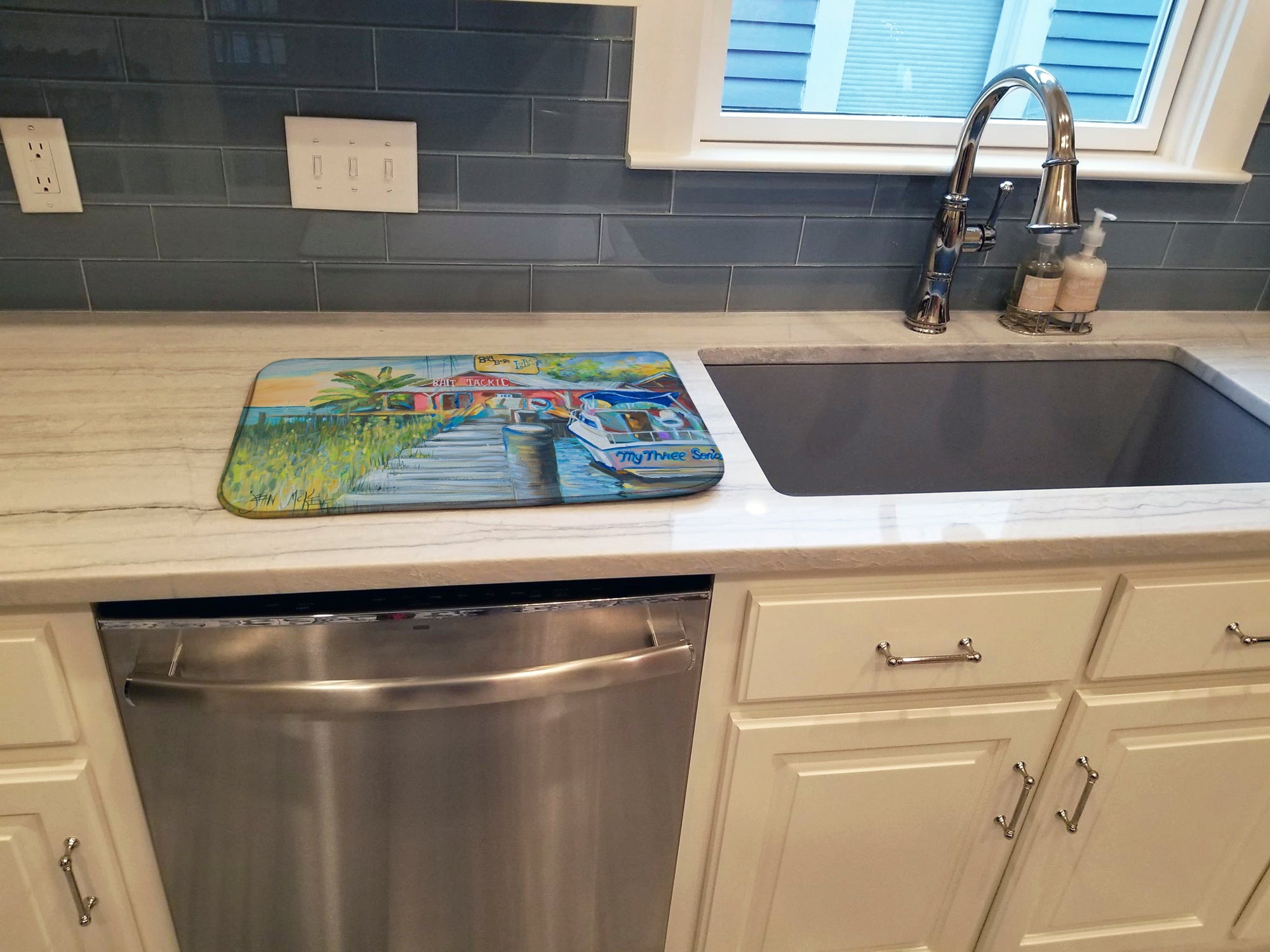Deep Sea Fishing Boat at LuLu's Dish Drying Mat Absorbent Dish Drying Mat Pad for Kitchen Counter Dish Drainer Mat for Countertop, 14 x 21", Multicolor