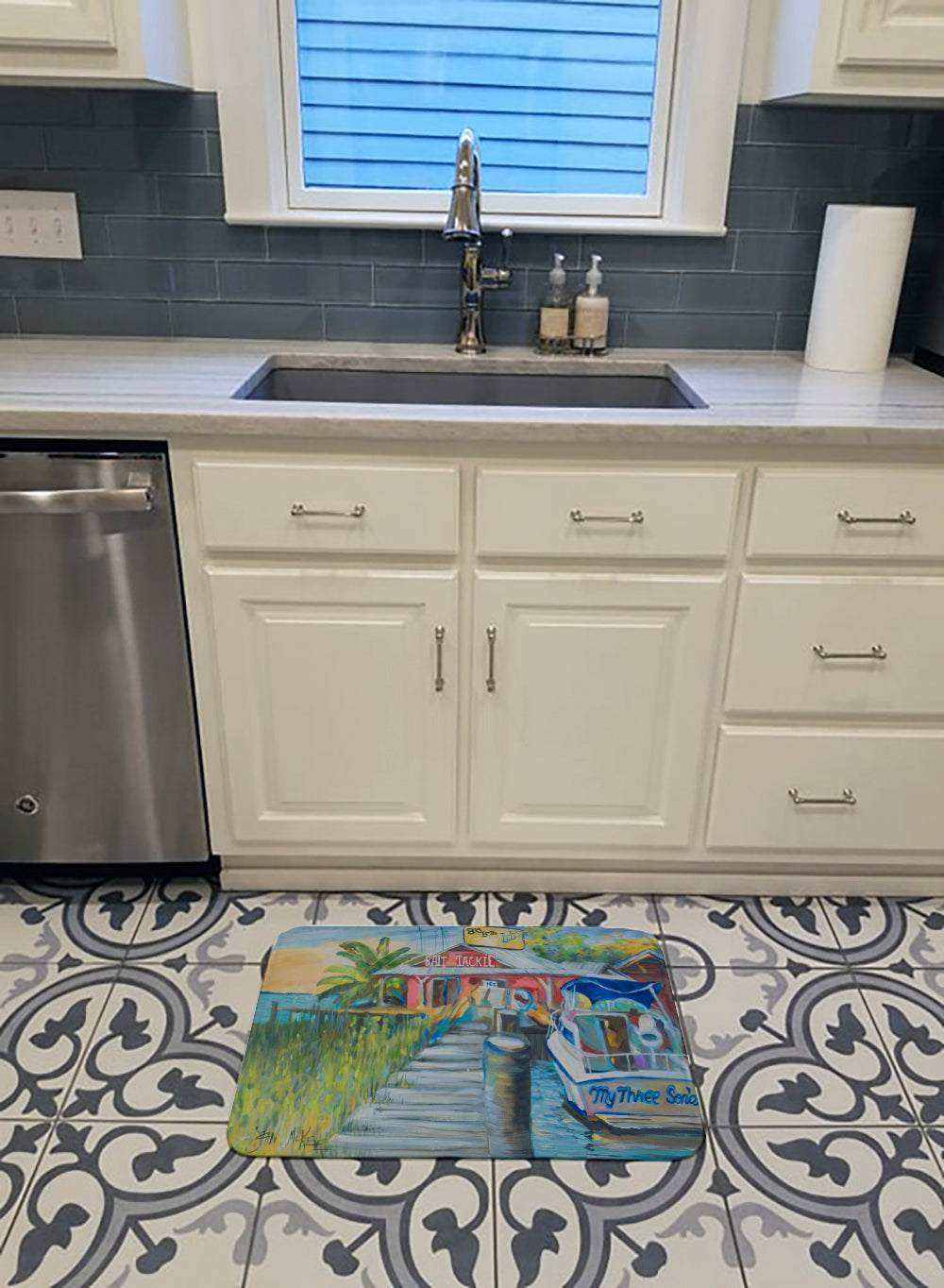 Deep Sea Fishing Boat at LuLu's Memory Foam Kitchen Mat Machine Washable Anti-Fatigue Cushion Comfort Bath or Kitchen Rug
