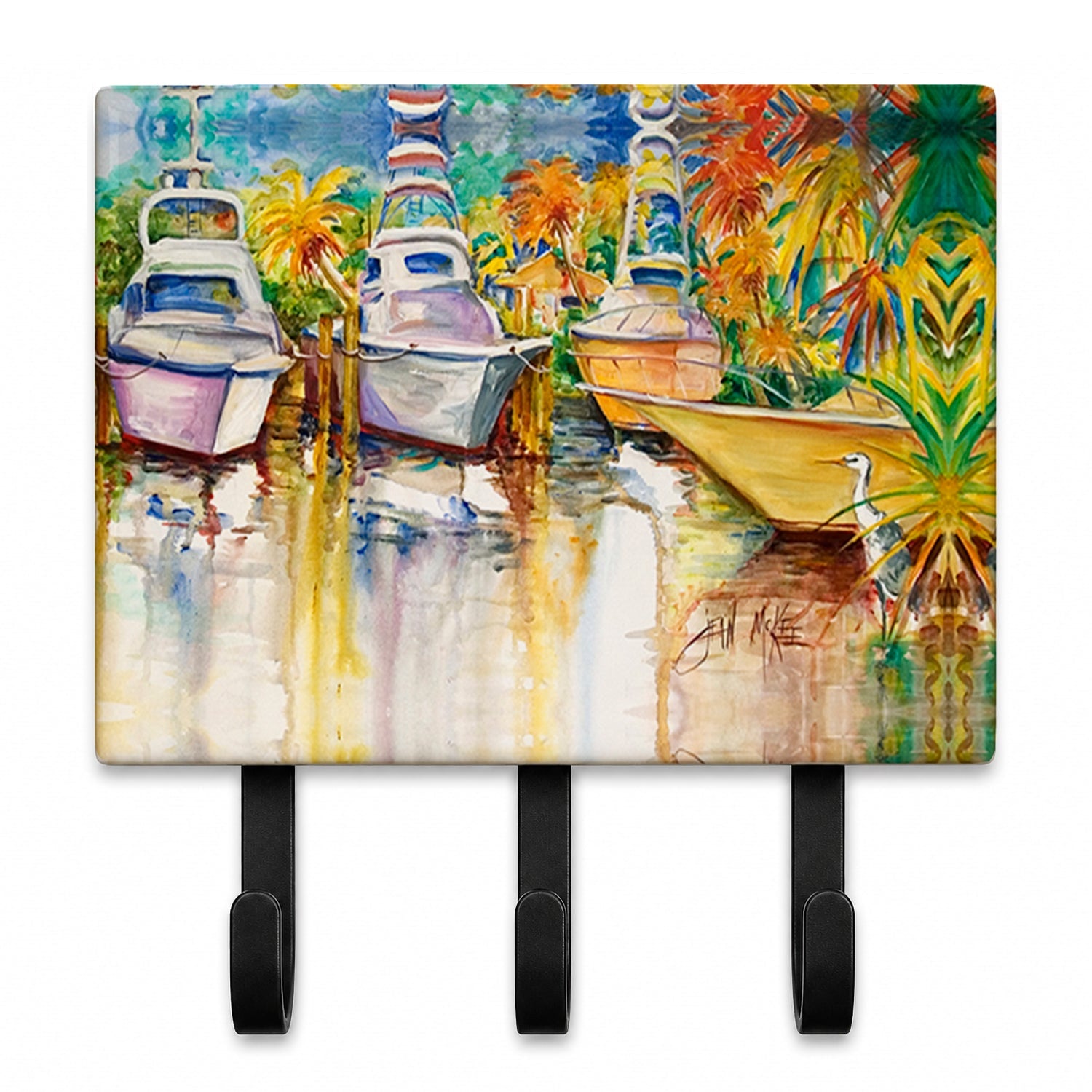 Blue Heron and Deep Sea Fishing Boats Leash or Key Holder Wall Hooks, Coat Rack Wall Mount, for Hanging Keys, Towels, Aprons, Leashes