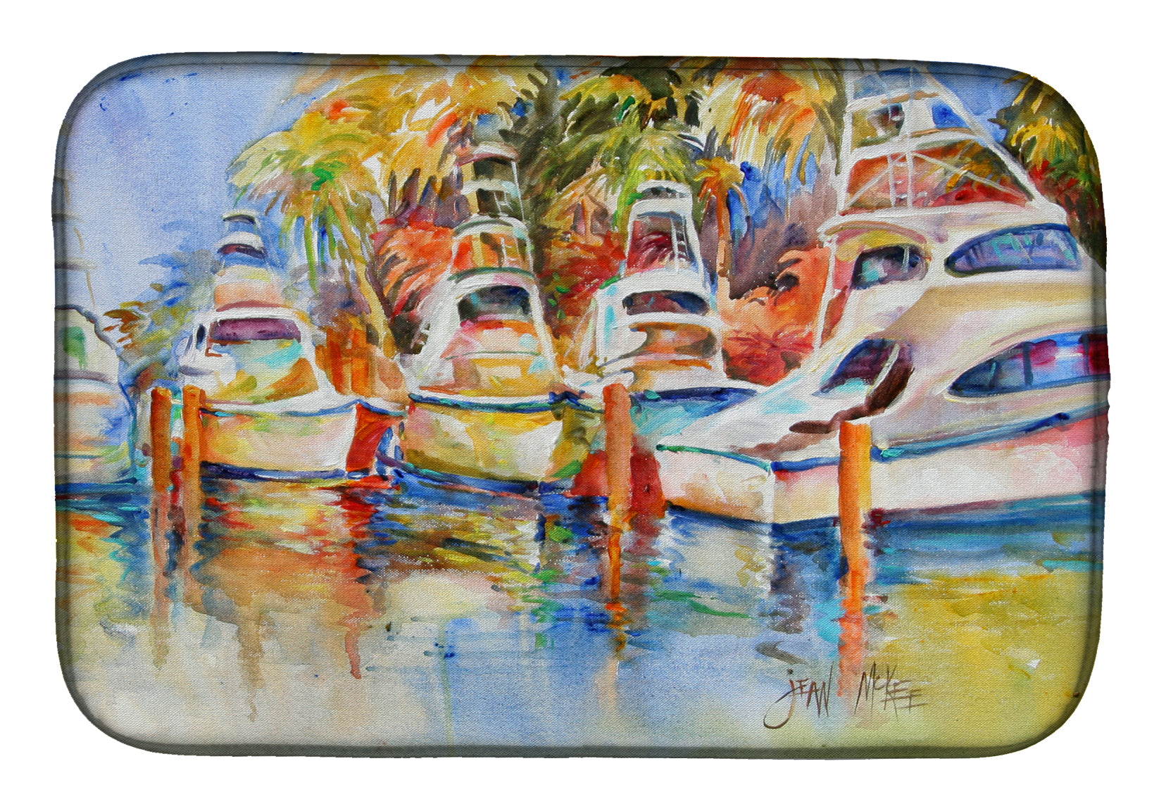 Deep Sea Fishing Boats at the Dock Dish Drying Mat Absorbent Dish Drying Mat Pad for Kitchen Counter Dish Drainer Mat for Countertop, 14 x 21", Multicolor